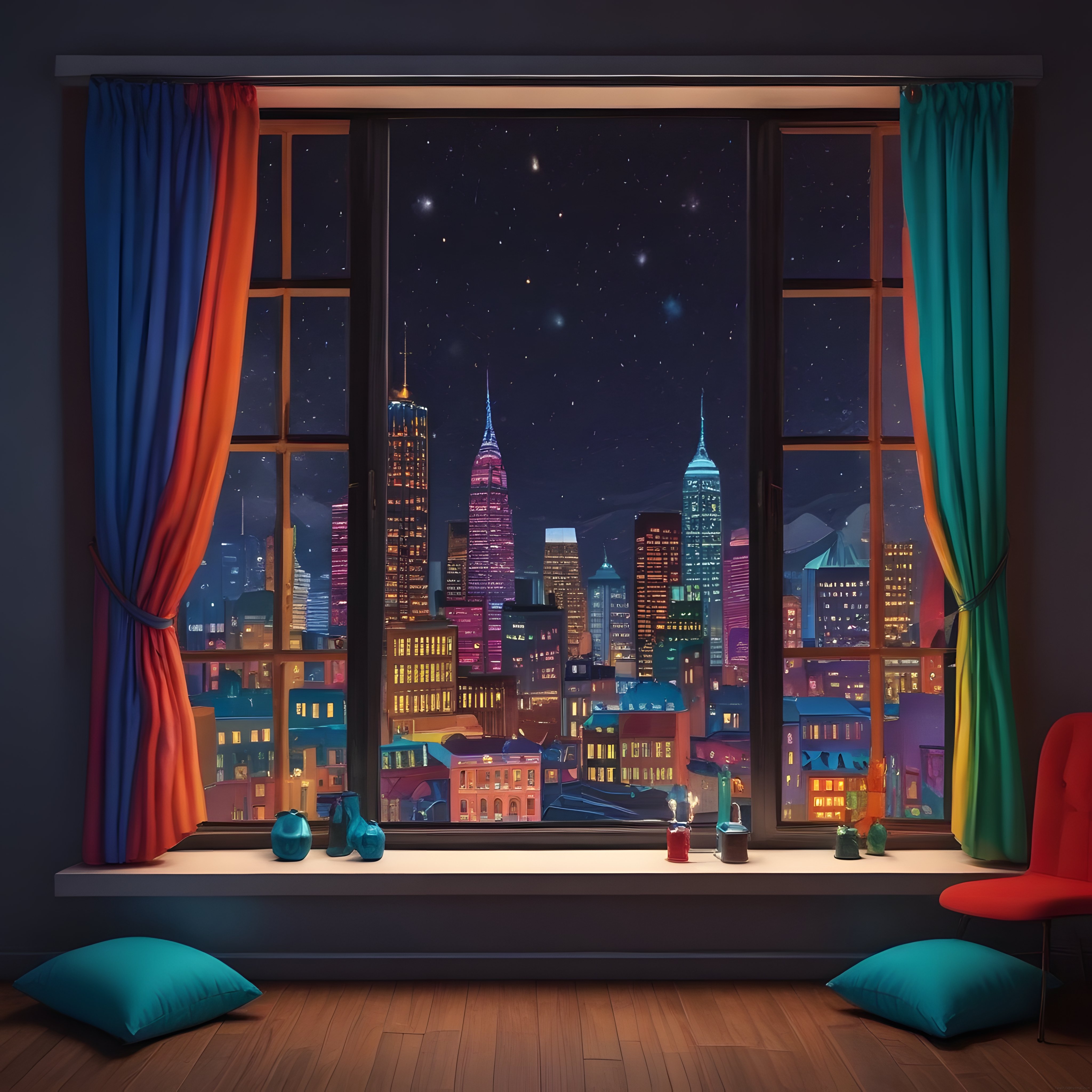 Pencere Kenarından Neon Şehir ve Yıldızlı Gece Gökdelen Manzarası