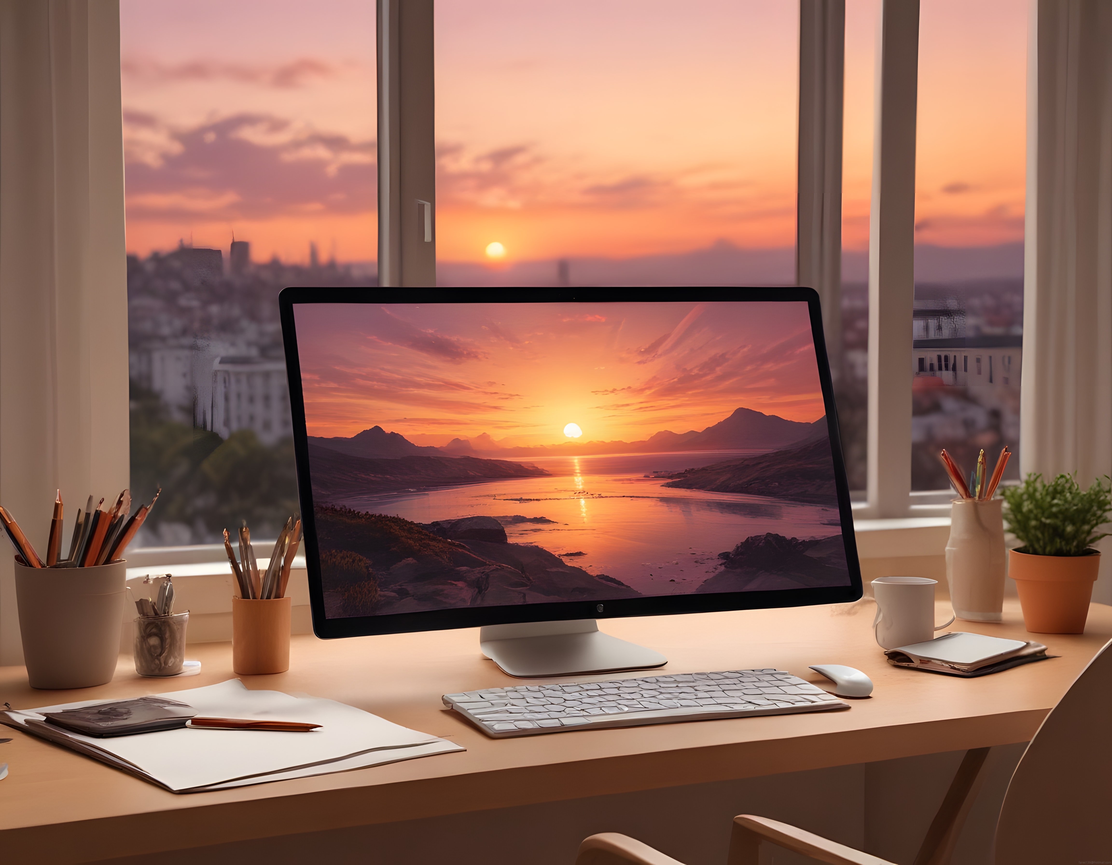 pencere manzaralı gün batımında minimal ev ofis bilgisayar masası düzeni