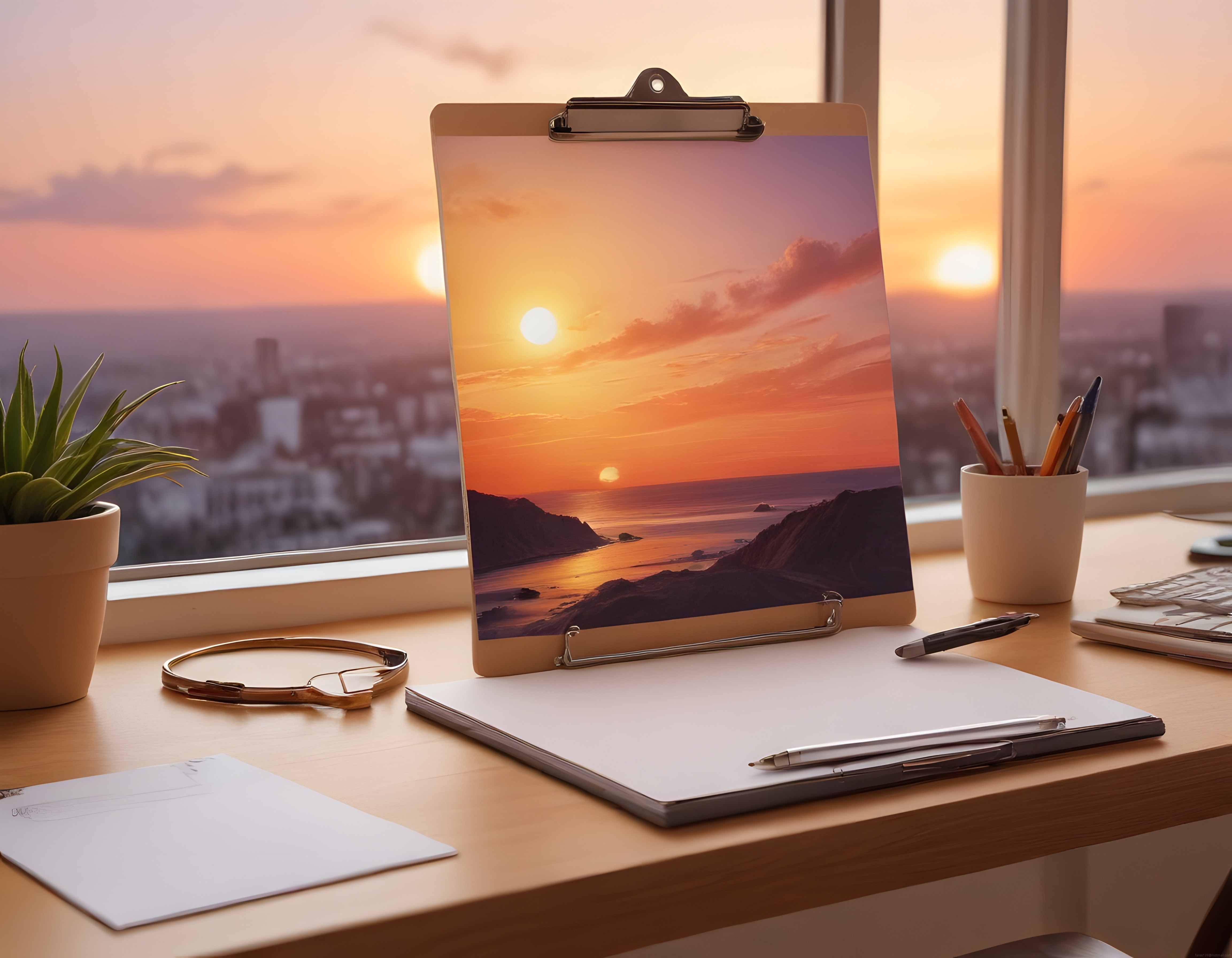 Pencere Önü Çalışma Masasında Gün Batımı Manzaralı Fotoğraf ve Minimal Dekor