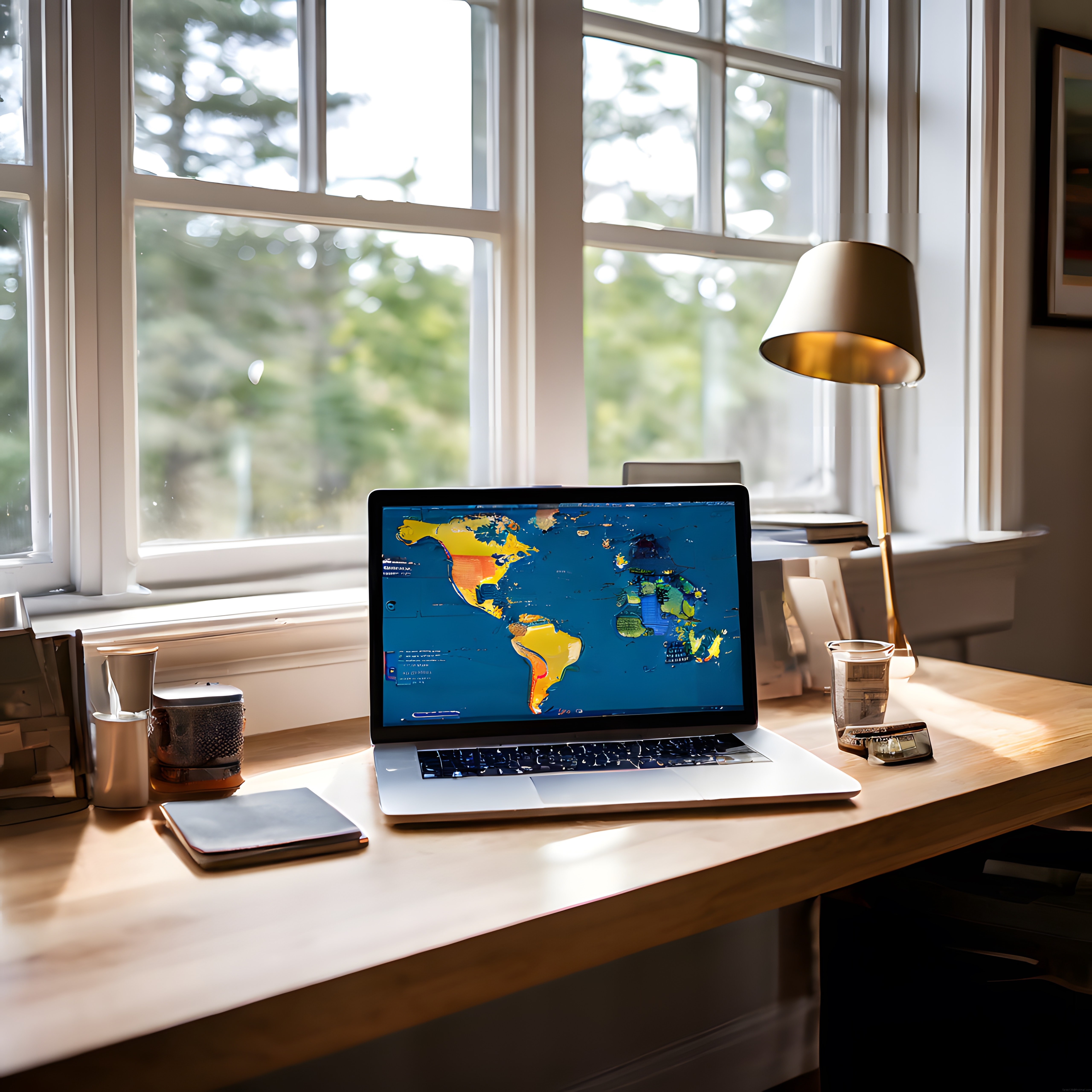 Pencere Önünde Doğal Işıklı Home Office ve Dünya Haritalı Çalışma Masası