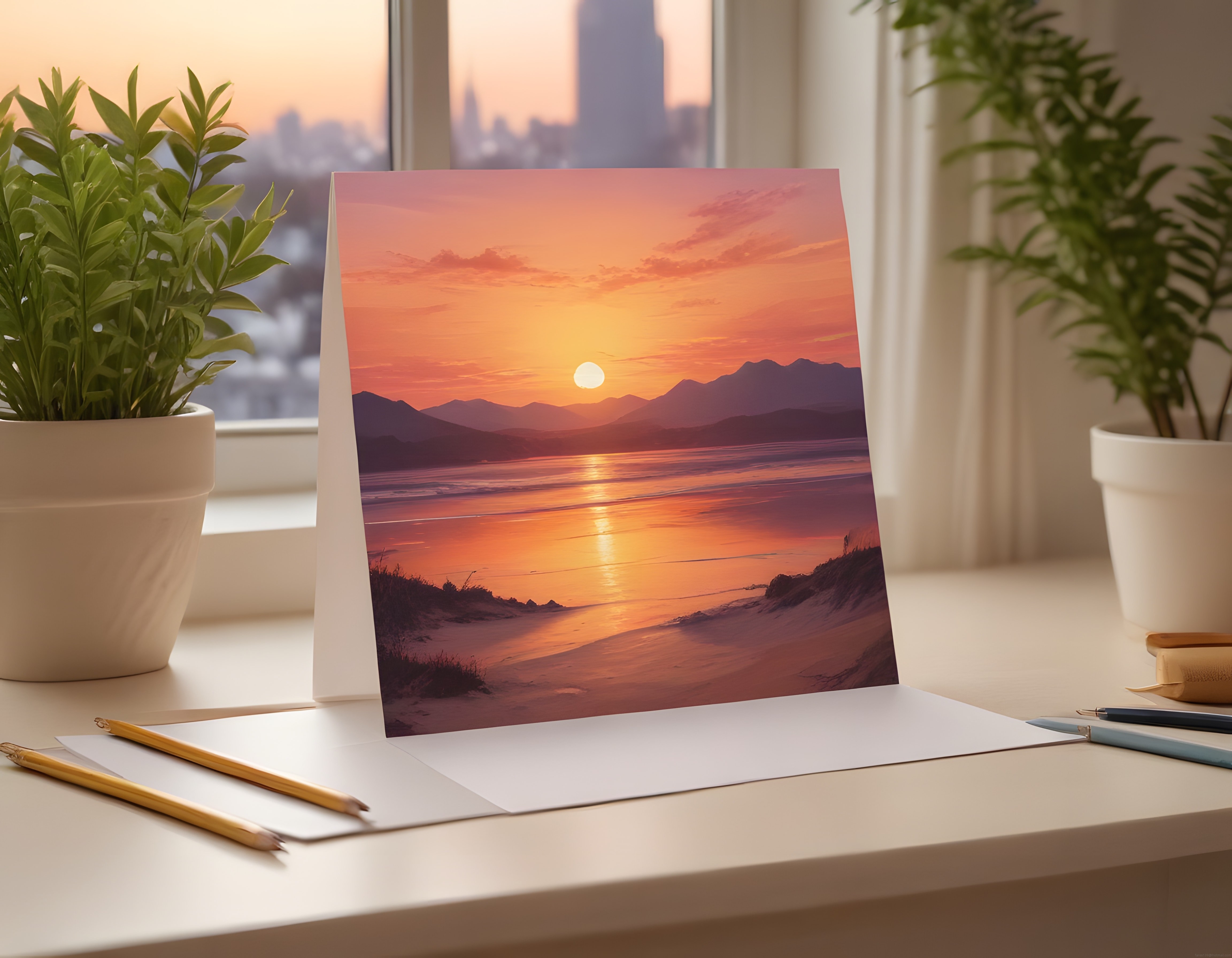 Pencere Önünde Gün Batımı Fotoğraf Baskısı ve Huzurlu Çalışma Köşesi