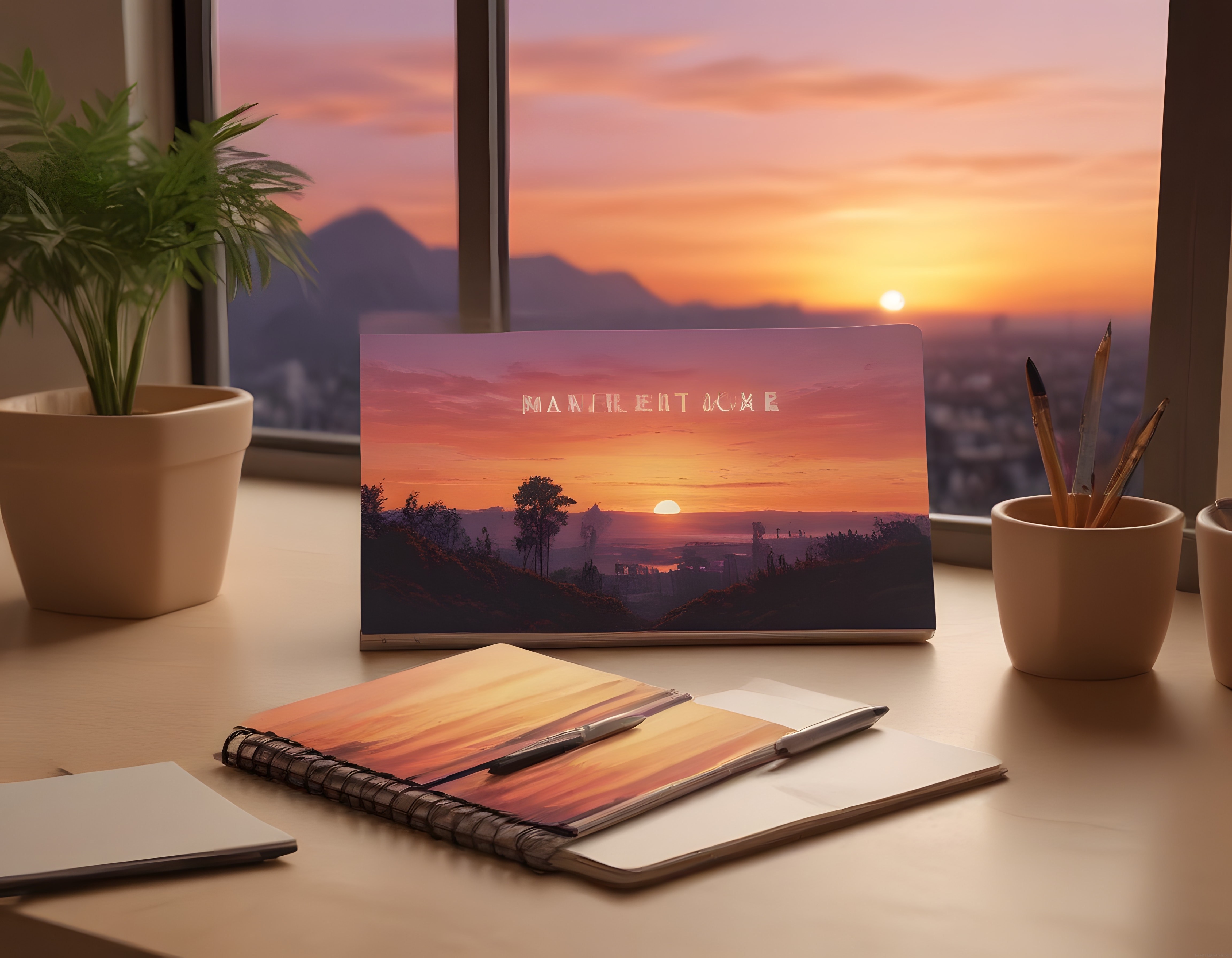 Pencere Önünde Gün Batımı Manzaralı Huzurlu Çalışma Masası ve Defter Düzeni