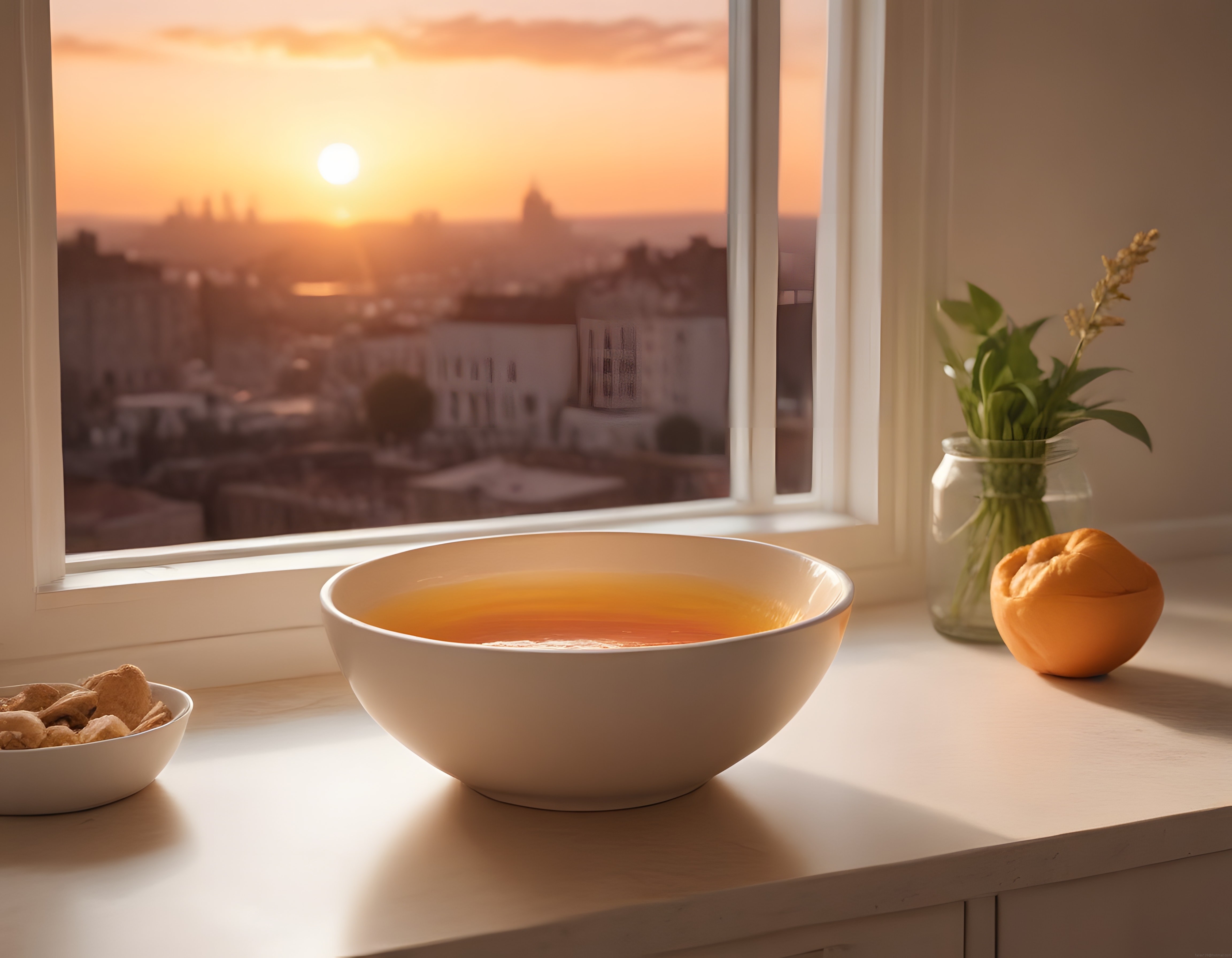 Pencere Önünde Gün Batımı Manzarası Eşliğinde Sıcacık Çorba ve Huzur Anı
