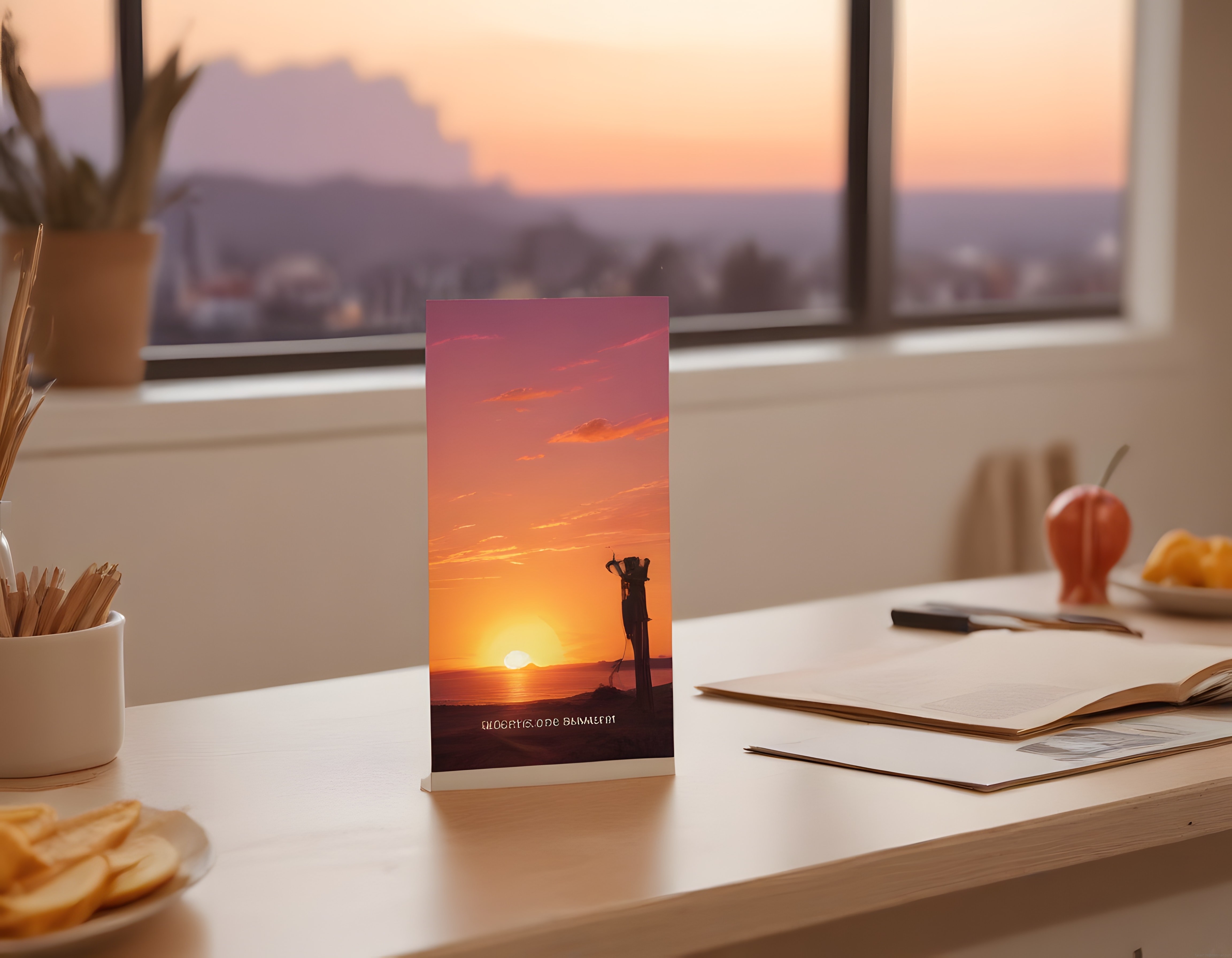 Pencere Önünde Gün Batımı Siluetli Fotoğraf Kartı ve Huzurlu Masa Dekoru