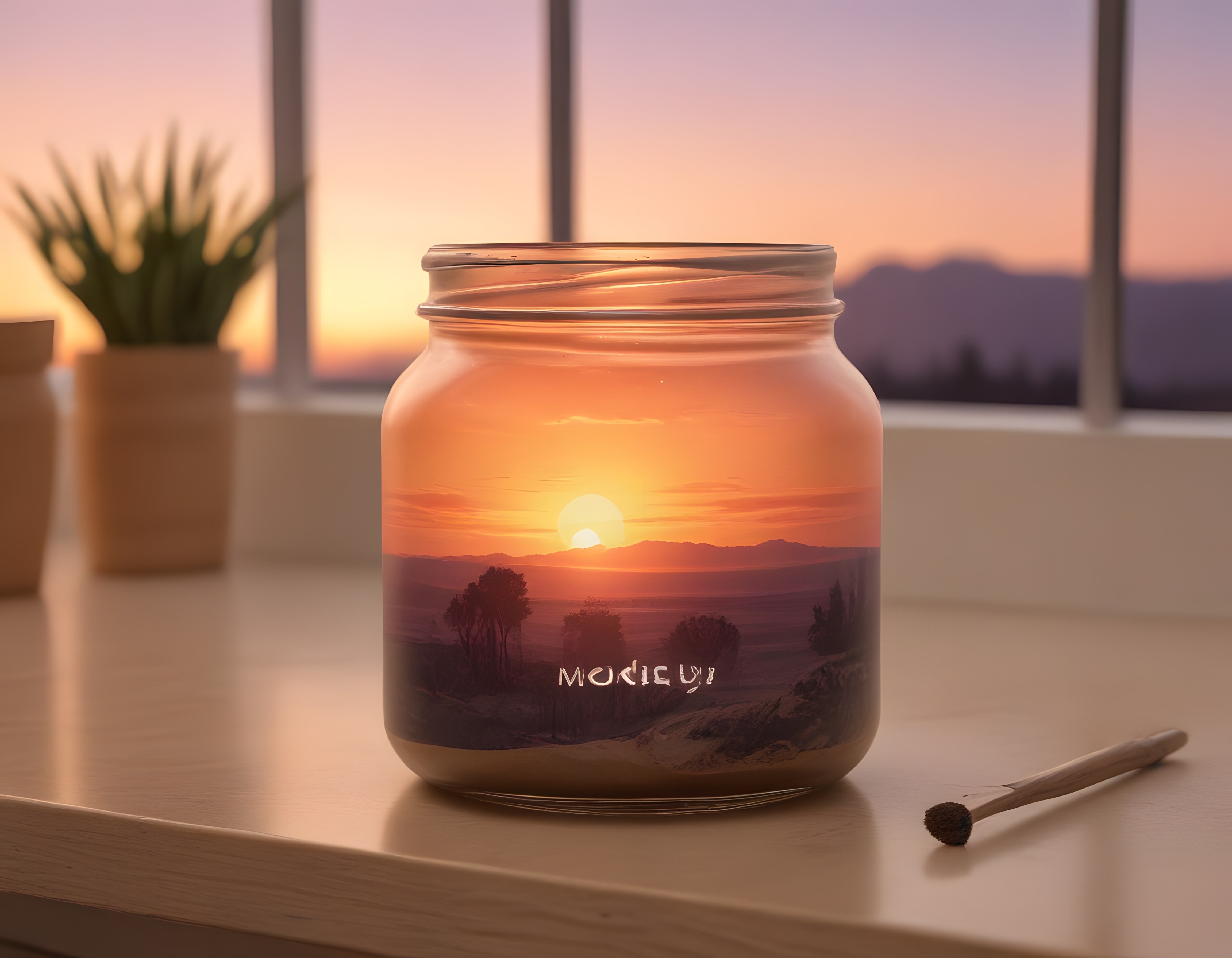 Pencere Önünde Gün Batımı Temalı Dekoratif Kavanoz ve Sıcak Atmosfer