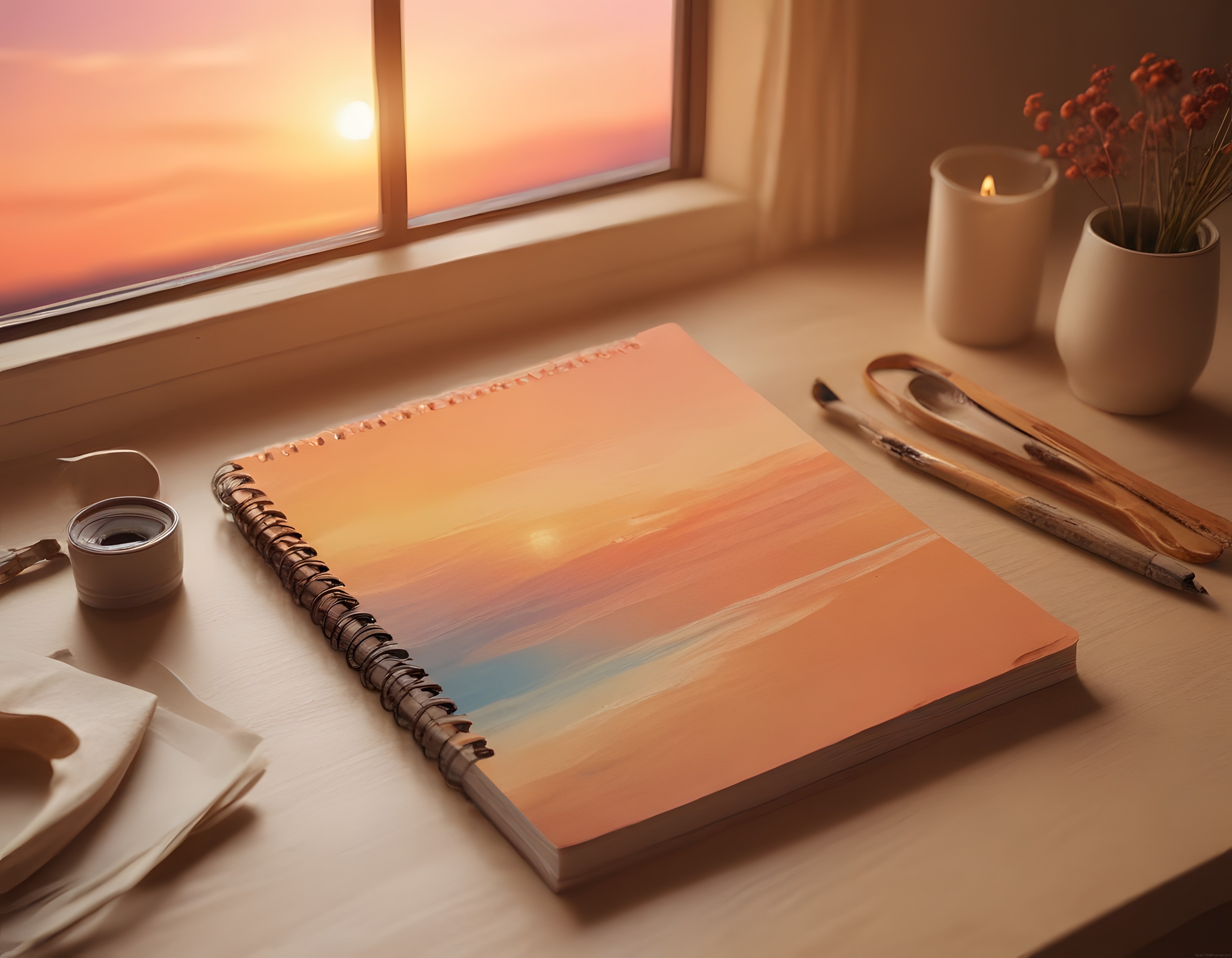 Pencere Önünde Gün Batımı Temalı Eskiz Defteri ve Sanat Malzemeleri