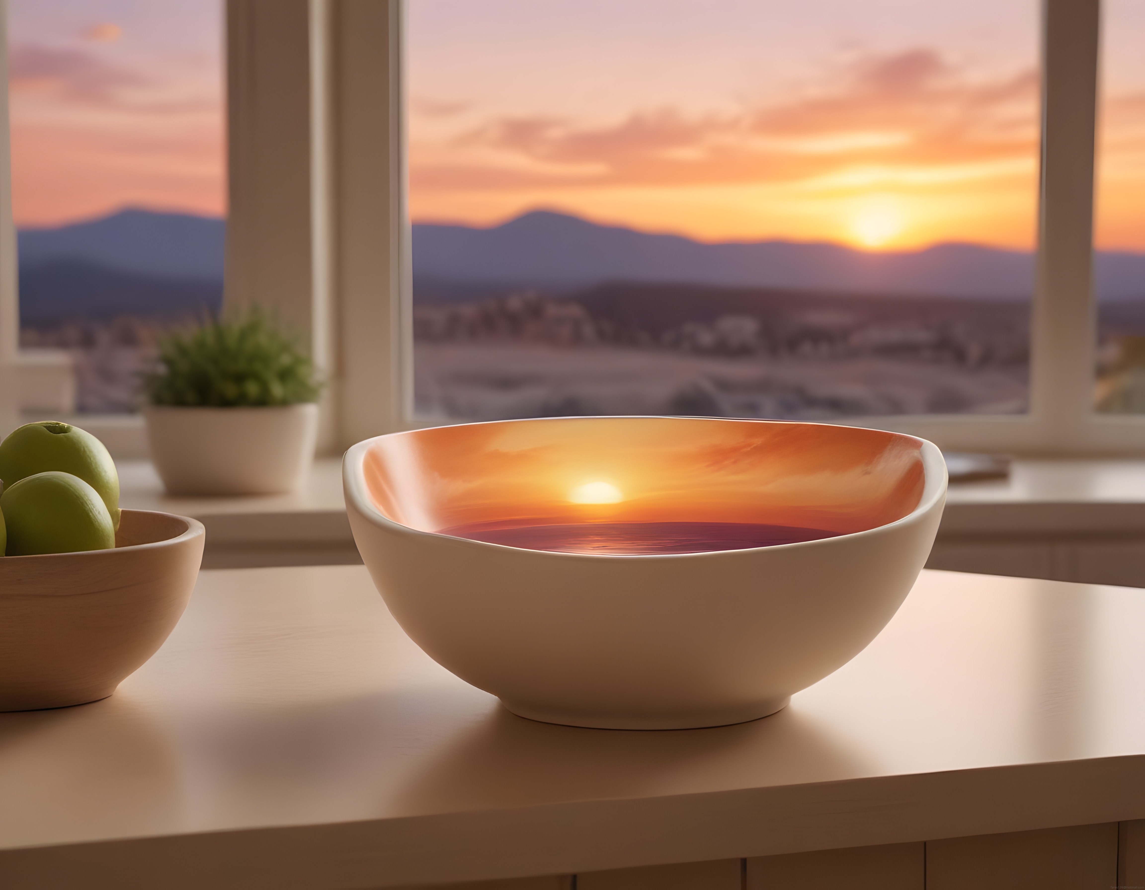 Pencere Önünde Gün Batımı Yansıyan Kase ile Huzurlu ve Modern Ev Dekorasyonu
