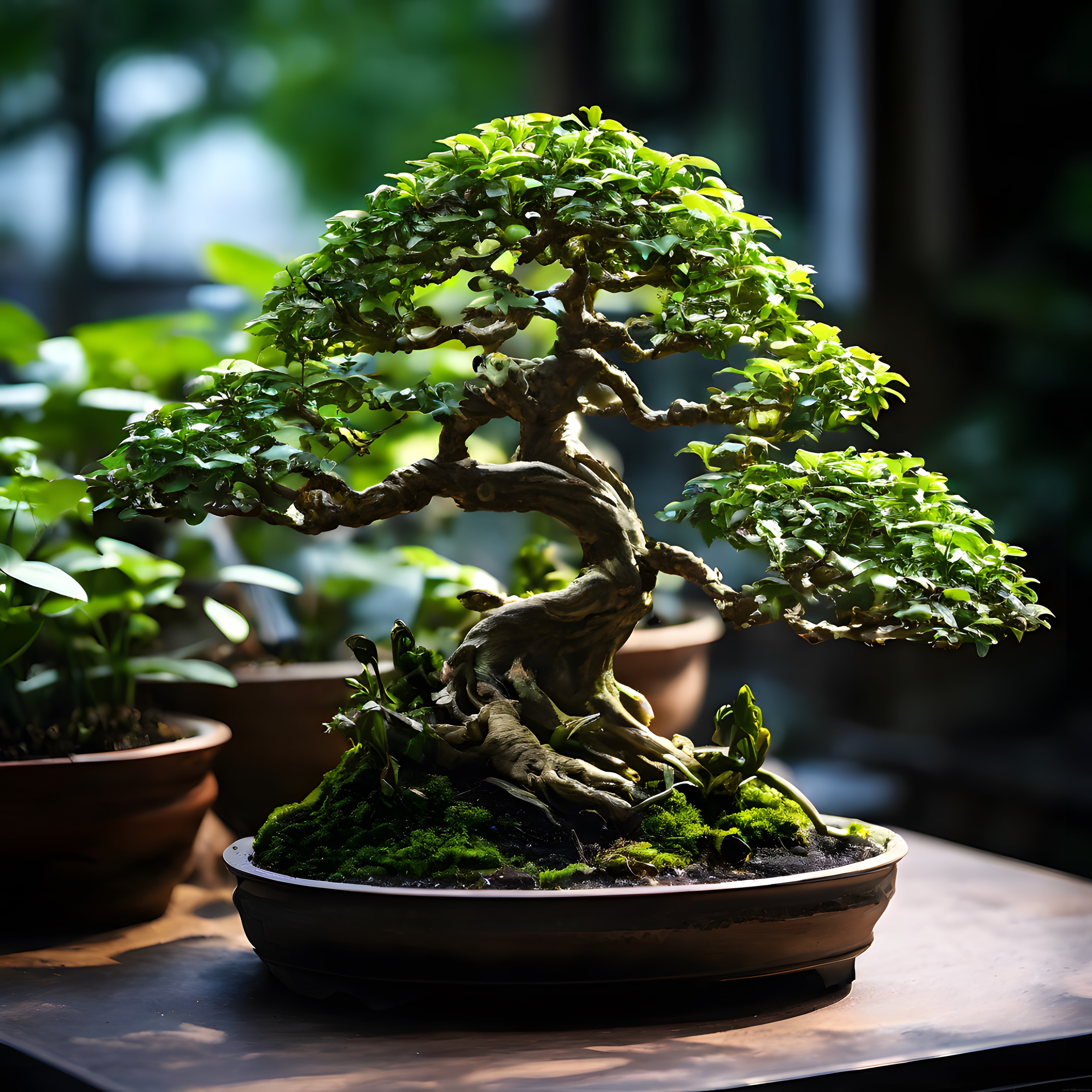 Pencere Önünde Işığa Bürünmüş, Yemyeşil Yapraklı Bonsai Ağacı ve Saksı Detayı