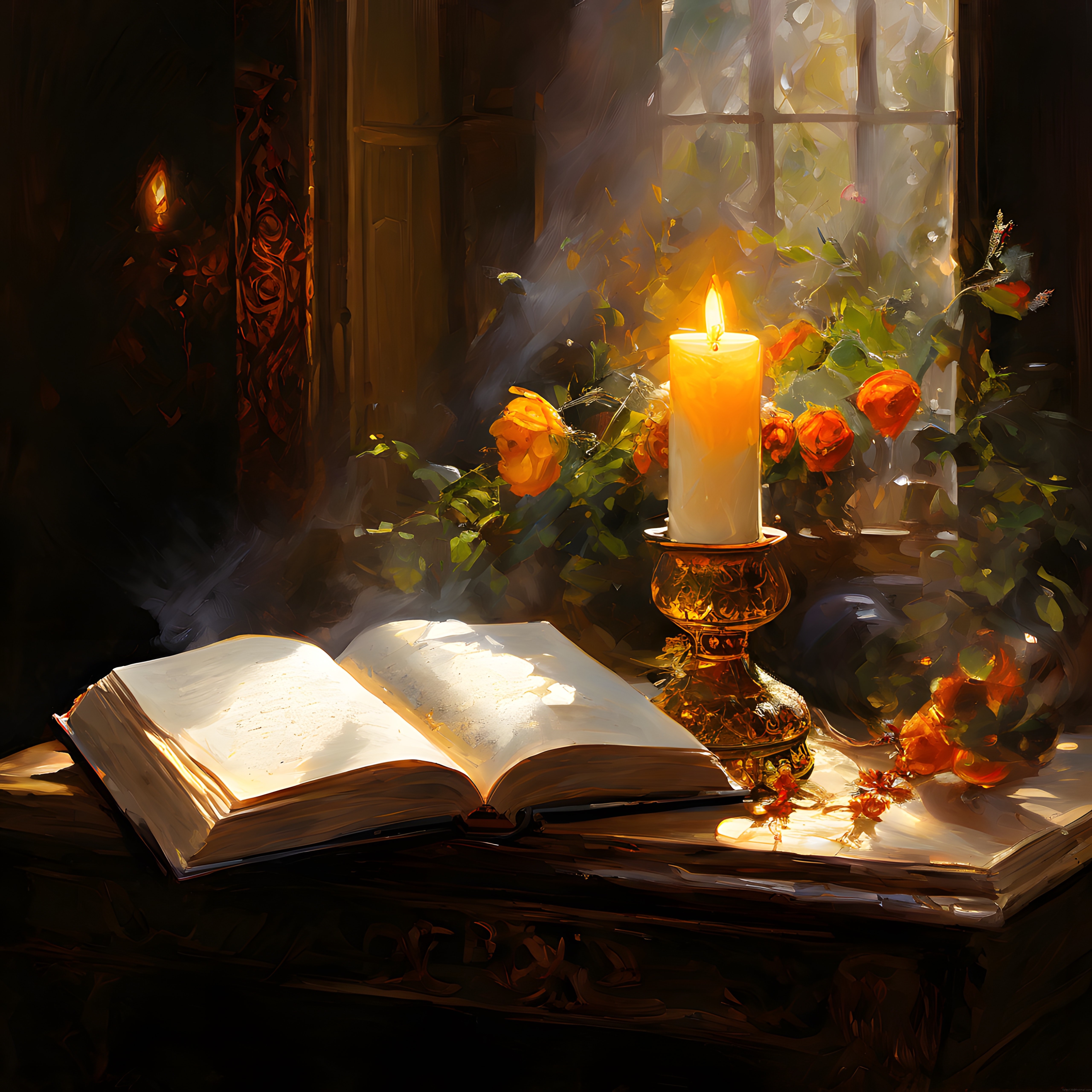 Pencere önünde mum ışığında açık kitap ve güllerle mistik huzur atmosferi
