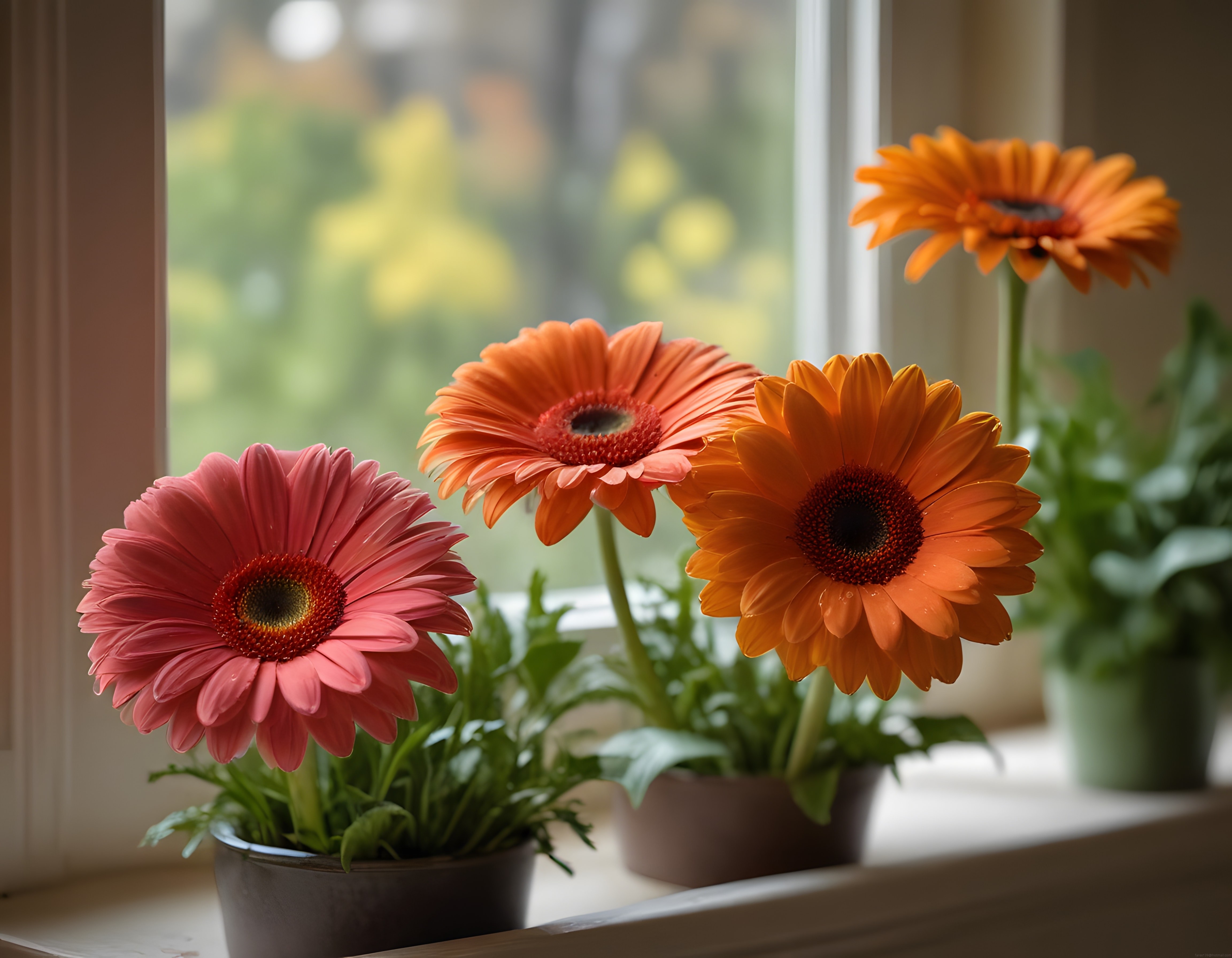 Pencere Önünde Saksıda Duran Canlı Renkli Gerbera Çiçekleri ve Yumuşak Doğal Işık