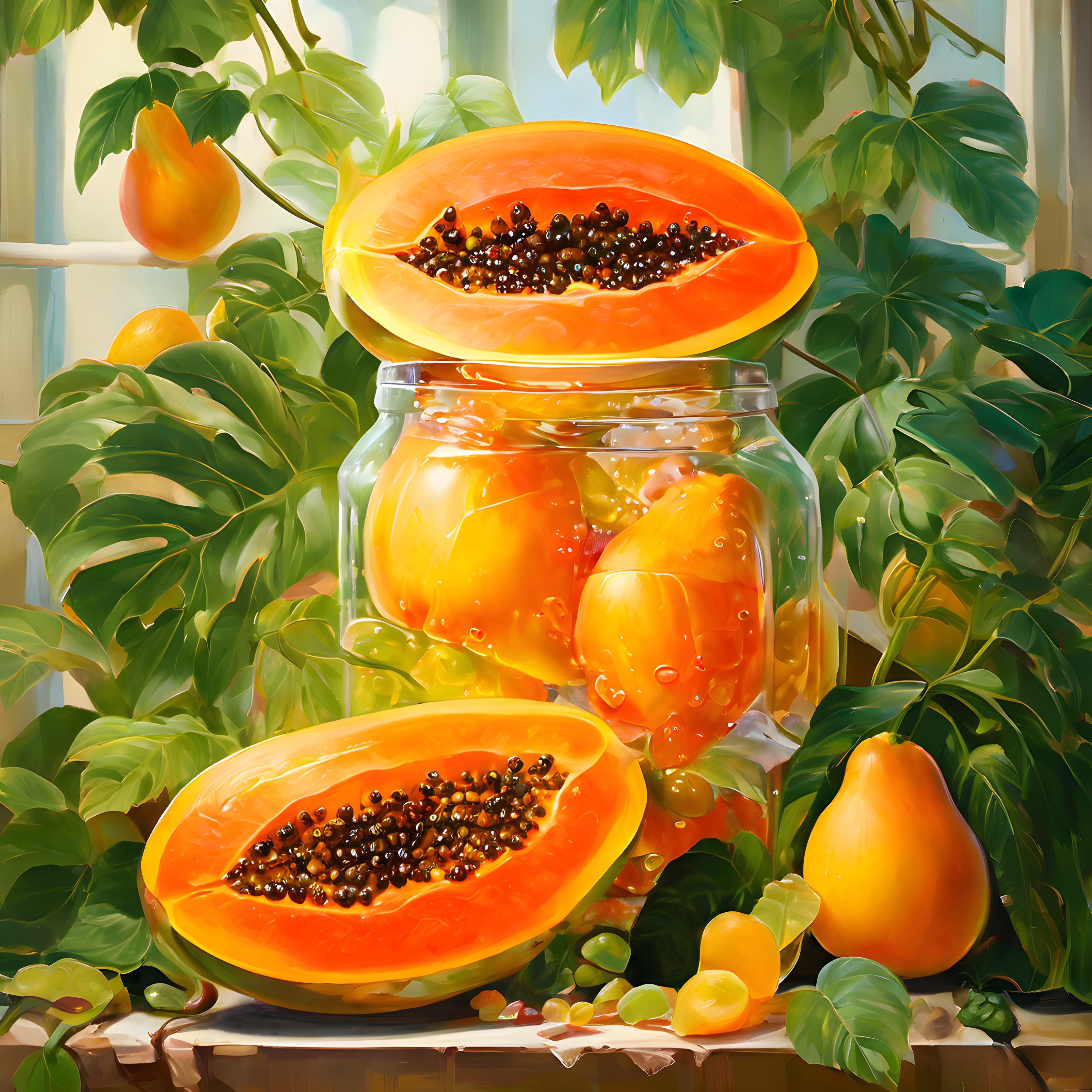 Pencere Önünde Taze Papaya Dilimleri ve Kavanozlu Meyve Aranjmanı