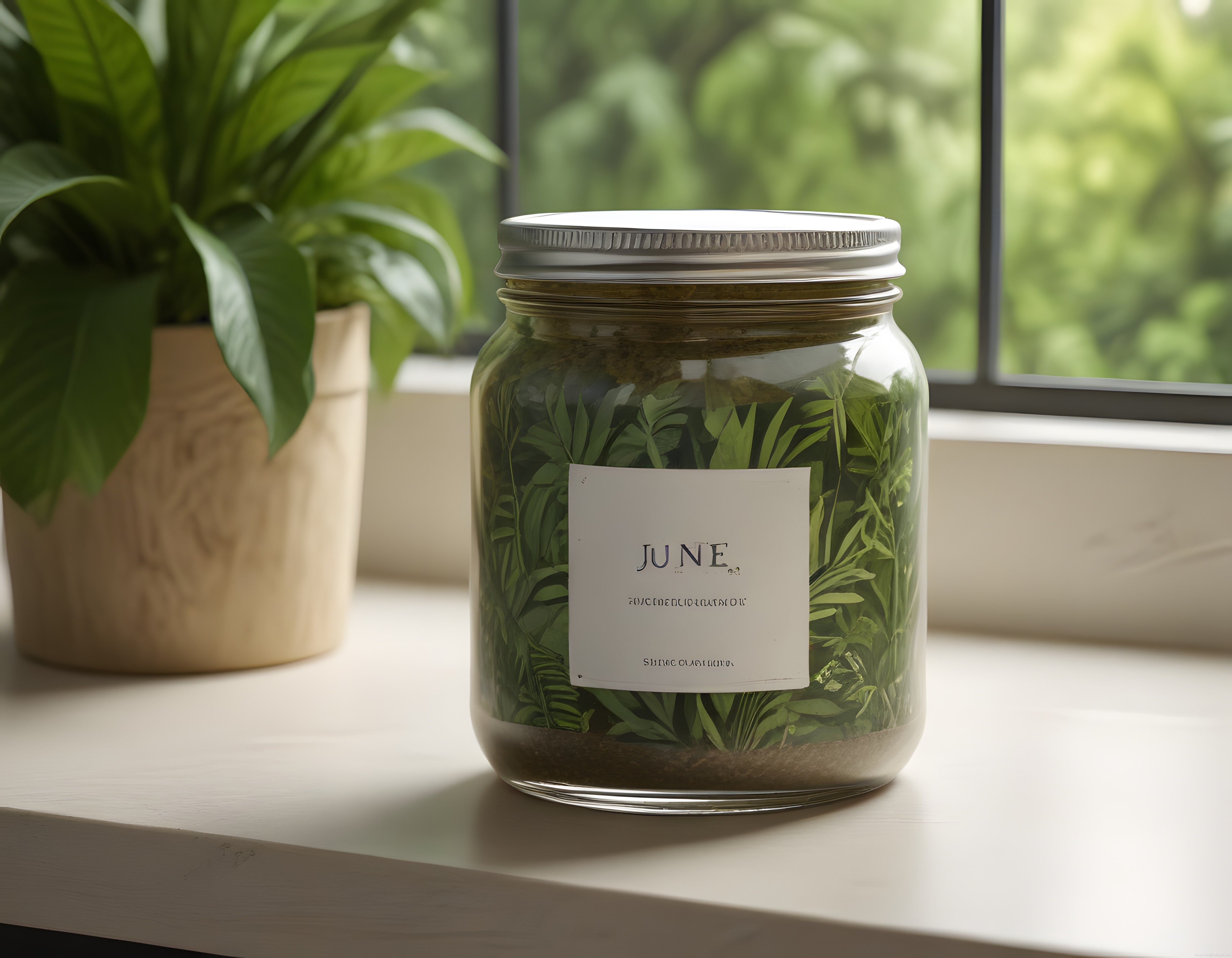 Pencere önünde terrarium kavanoz içinde yeşil bitkilerle sade köşe dekorasyonu