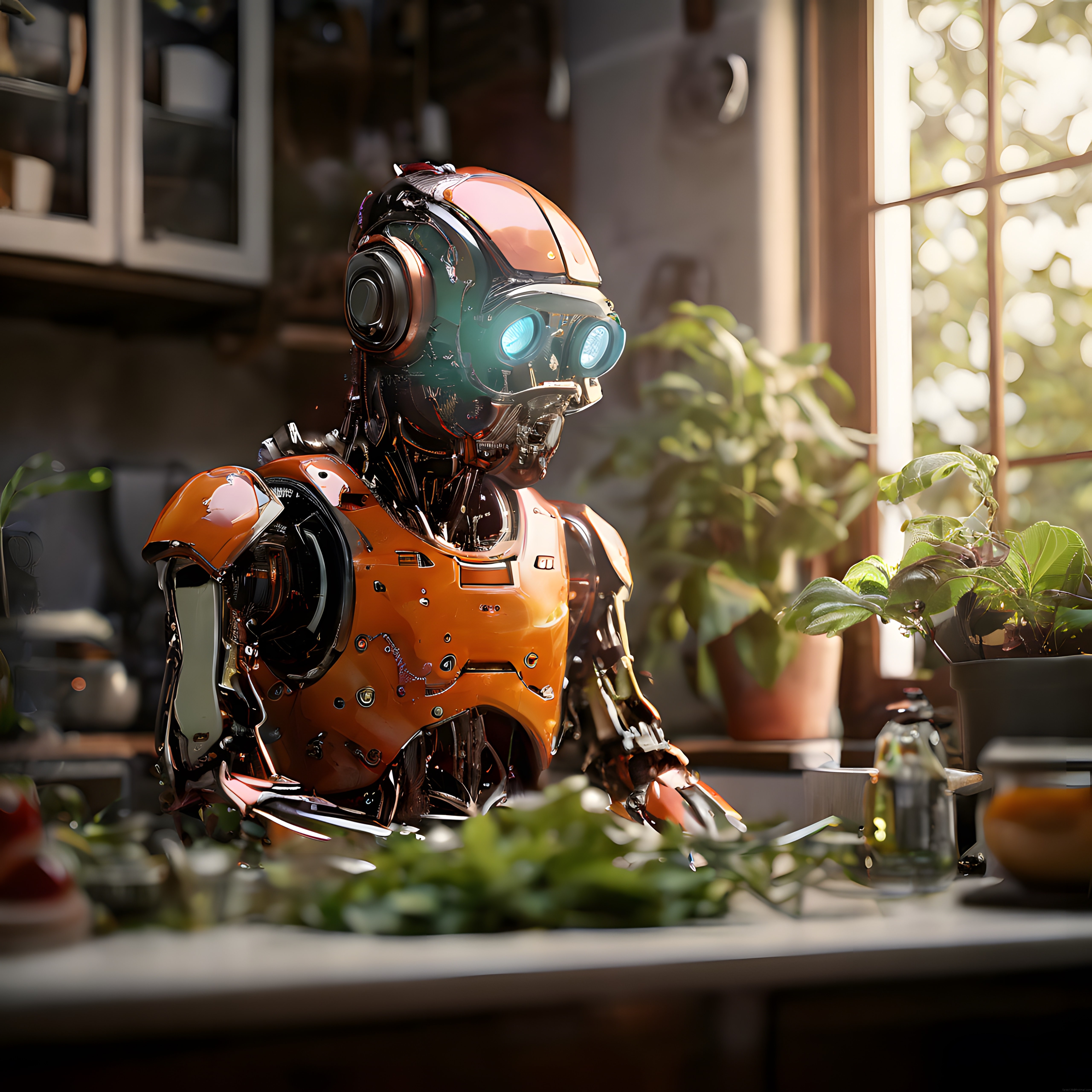 Pencere Önündeki Bitkilerin Yanında Duran Turuncu Robot ve Sabah Işığı