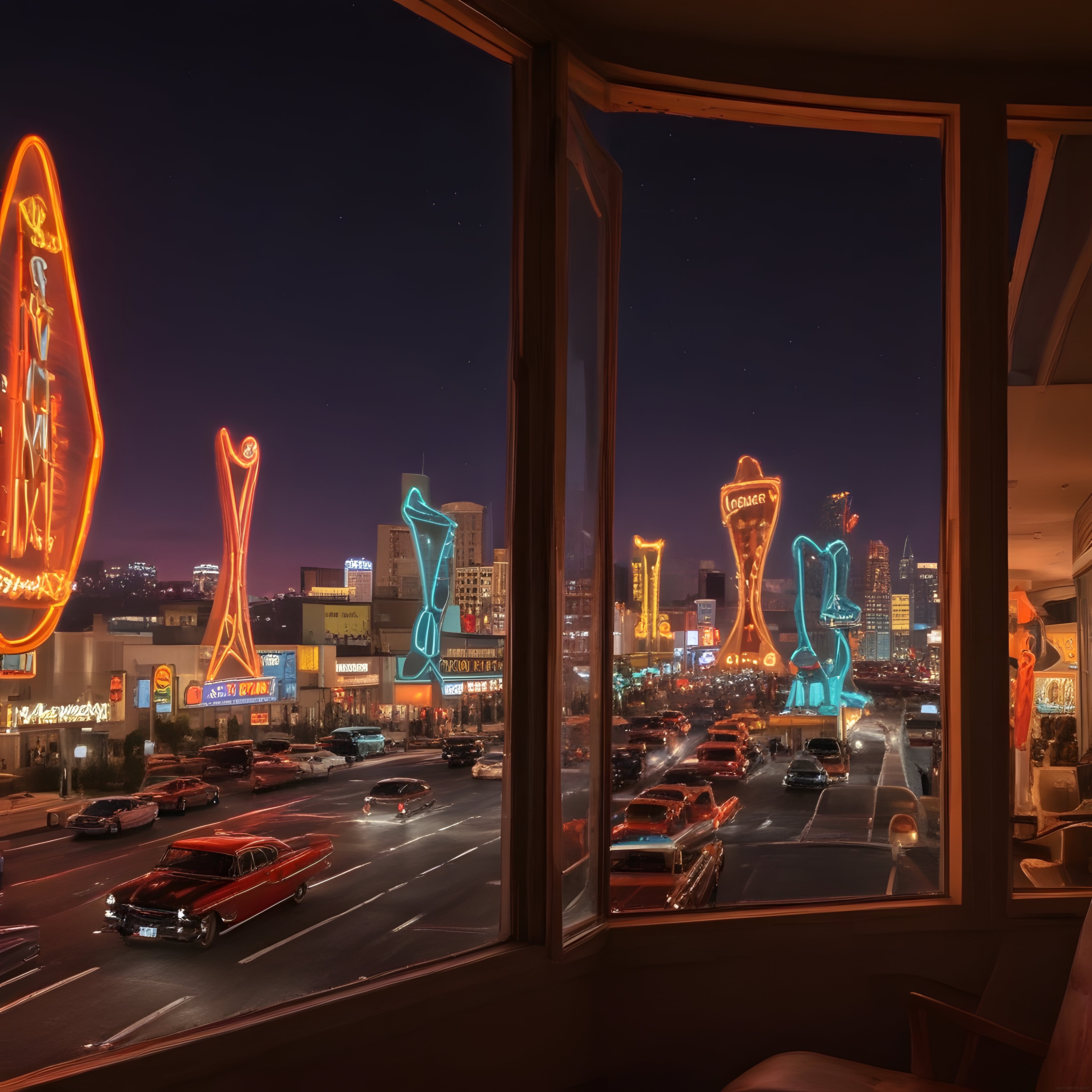 Pencereden Retro Neon Işıklı Şehir Manzarası ve Klasik Arabalar