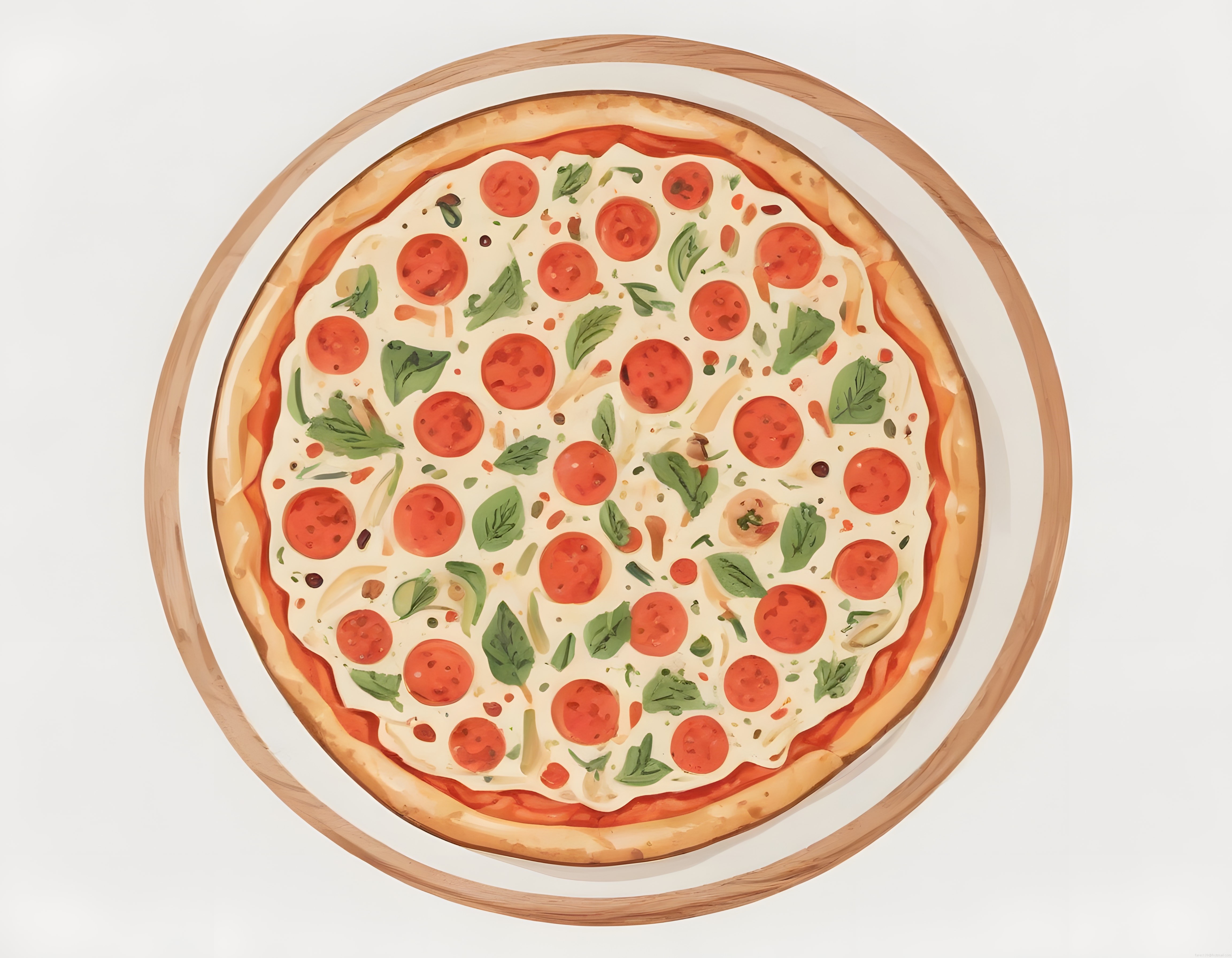 Pepperoni ve fesleğenli pizzanın üstten çizilmiş illüstrasyonu