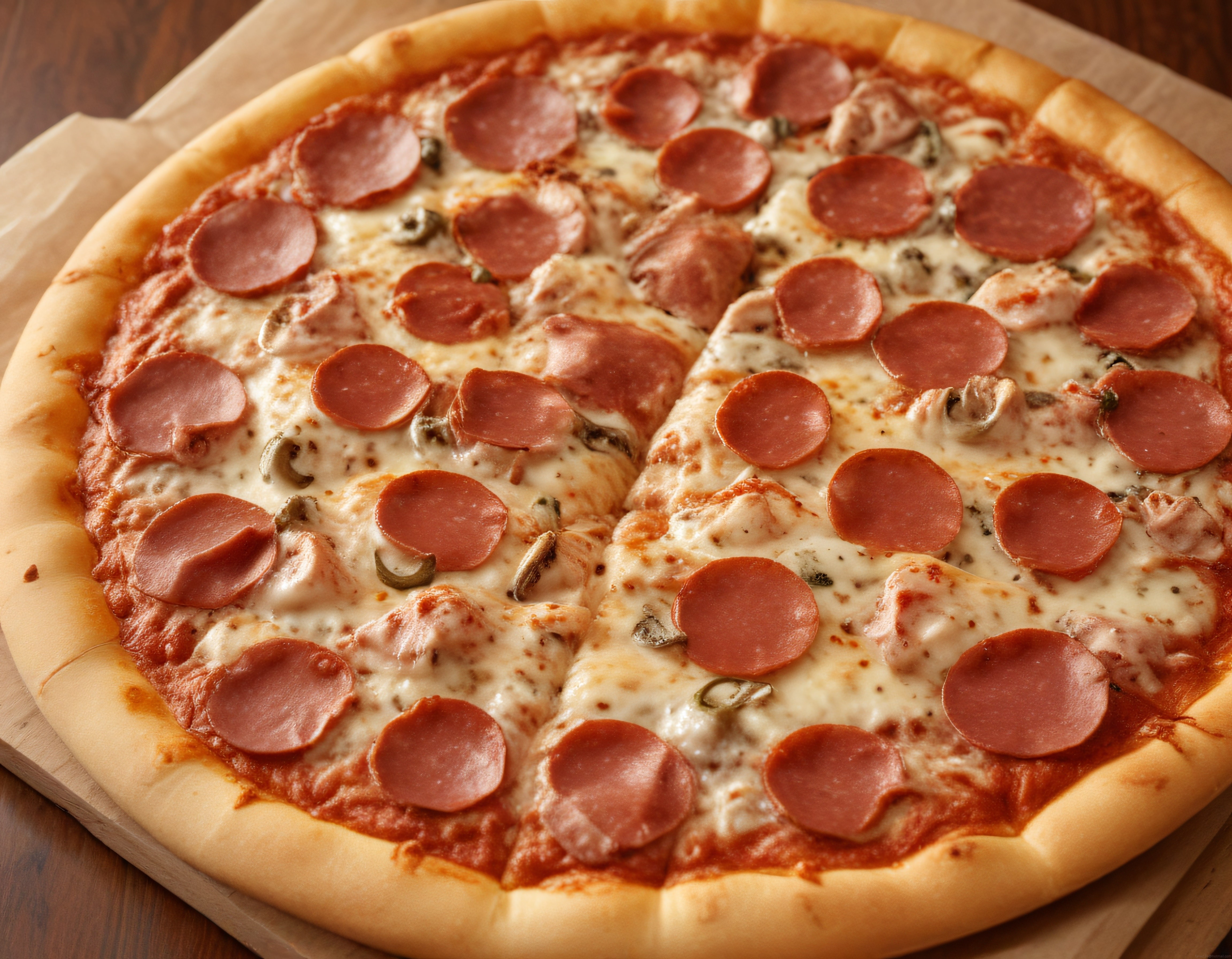 pepperoni ve mantarlı fırın pizza, çıtır hamur ve erimiş peynir dokusuyla