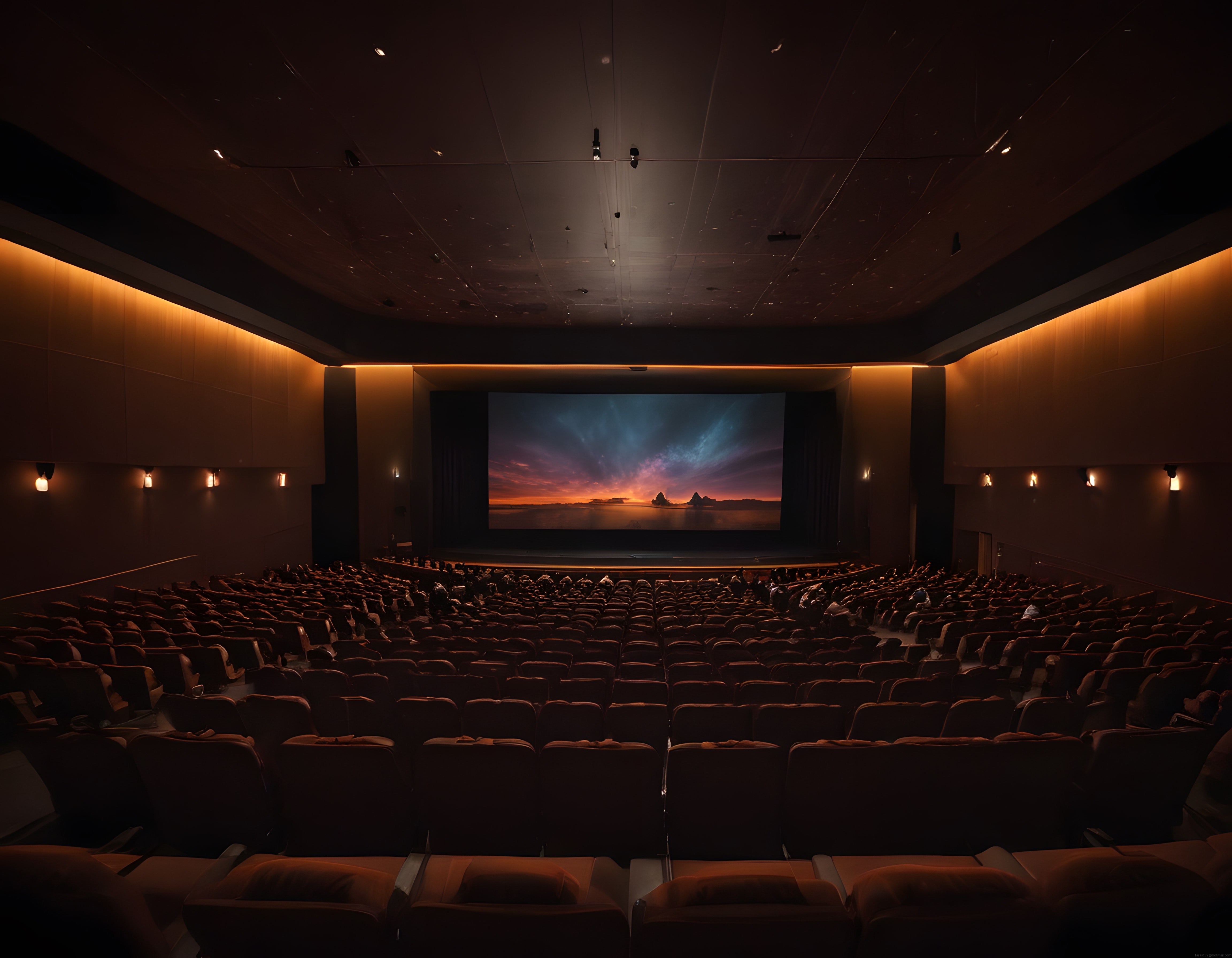 Perdede Gün Batımı Manzarasıyla Büyük Sinema Salonu ve Film Keyfi
