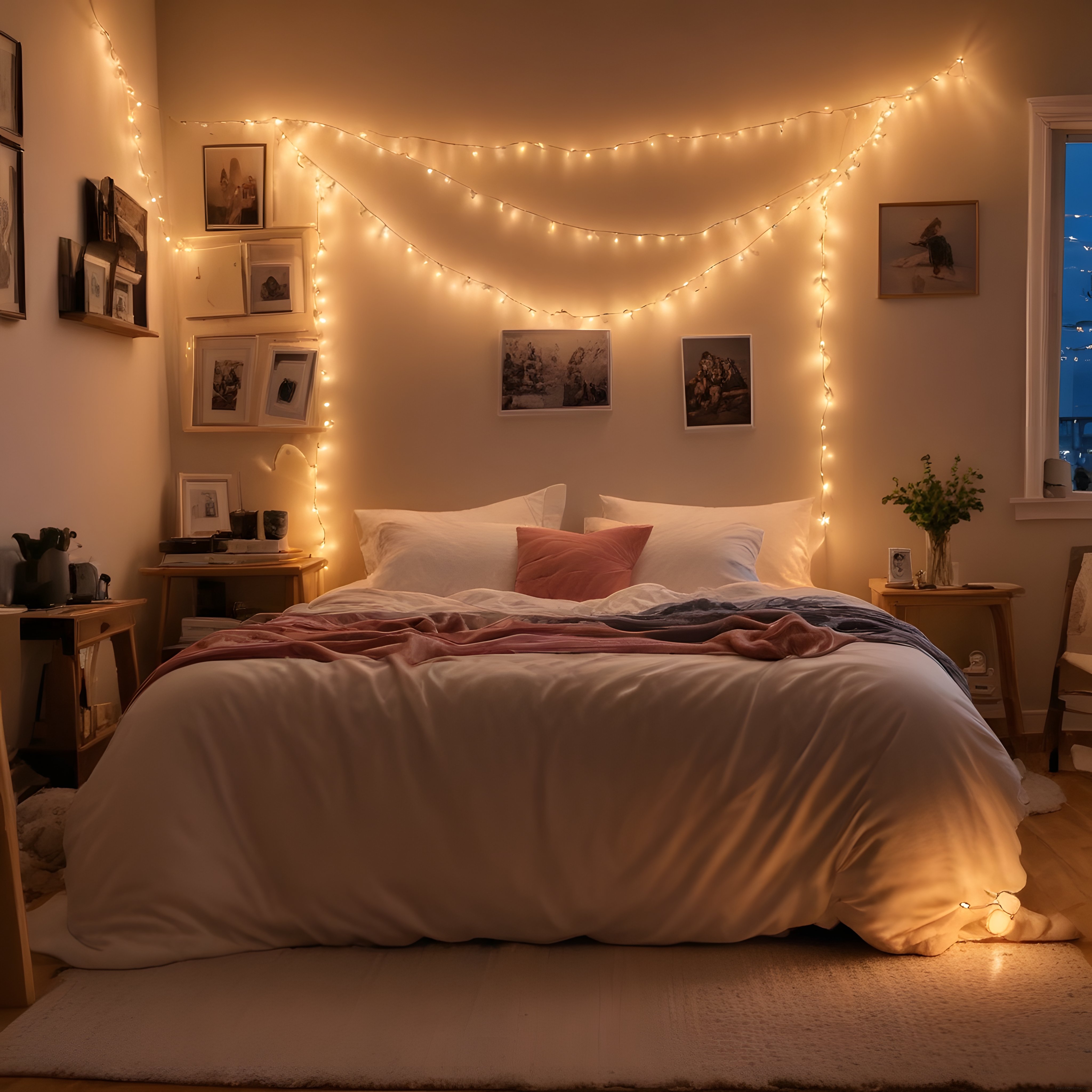 Peri Led Işıklarıyla Süslenmiş Sıcacık ve Romantik Bir Yatak Odası Atmosferi