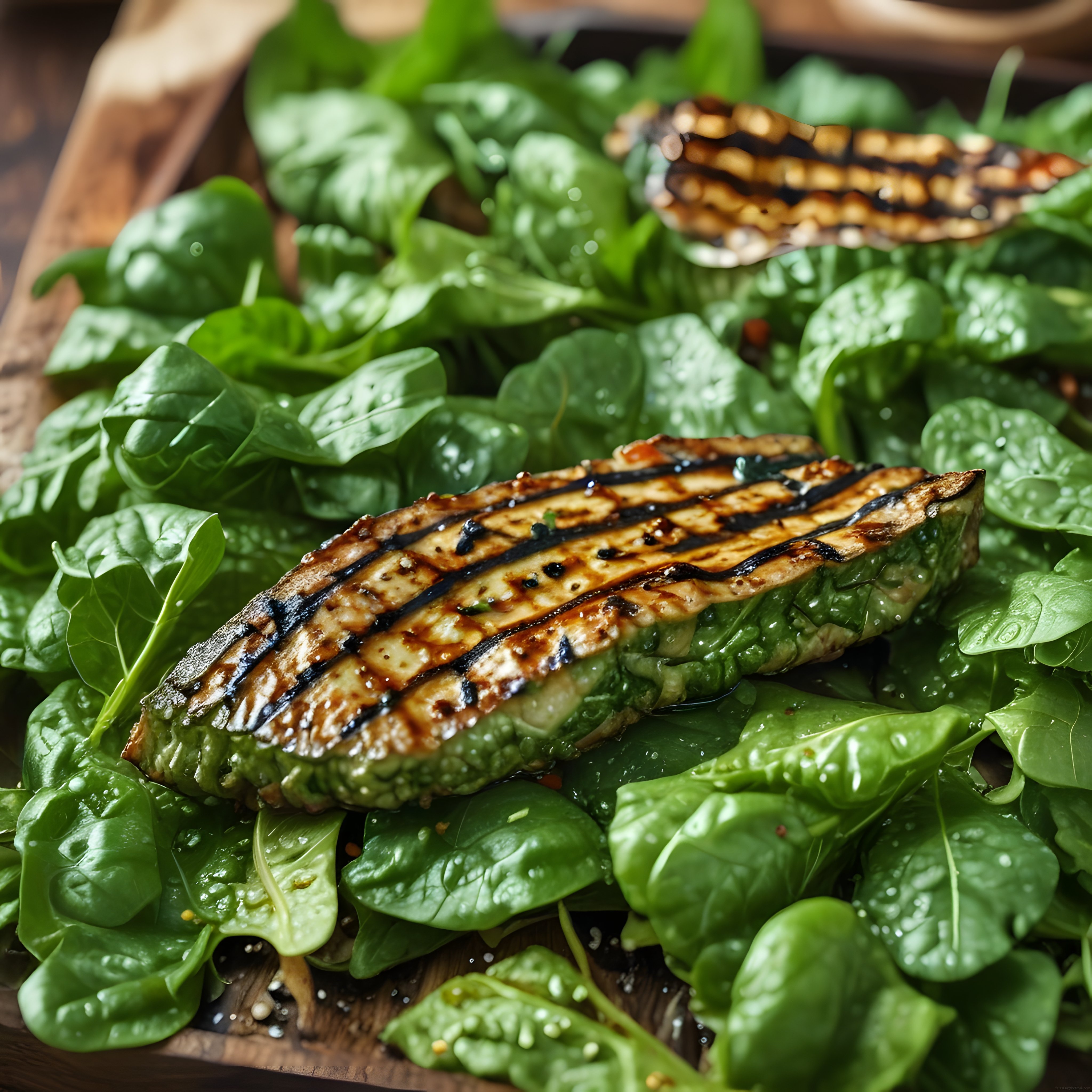 Pesto dolgulu ızgara izli sıcak peynirli sandviç ve sulu ıspanak yaprakları
