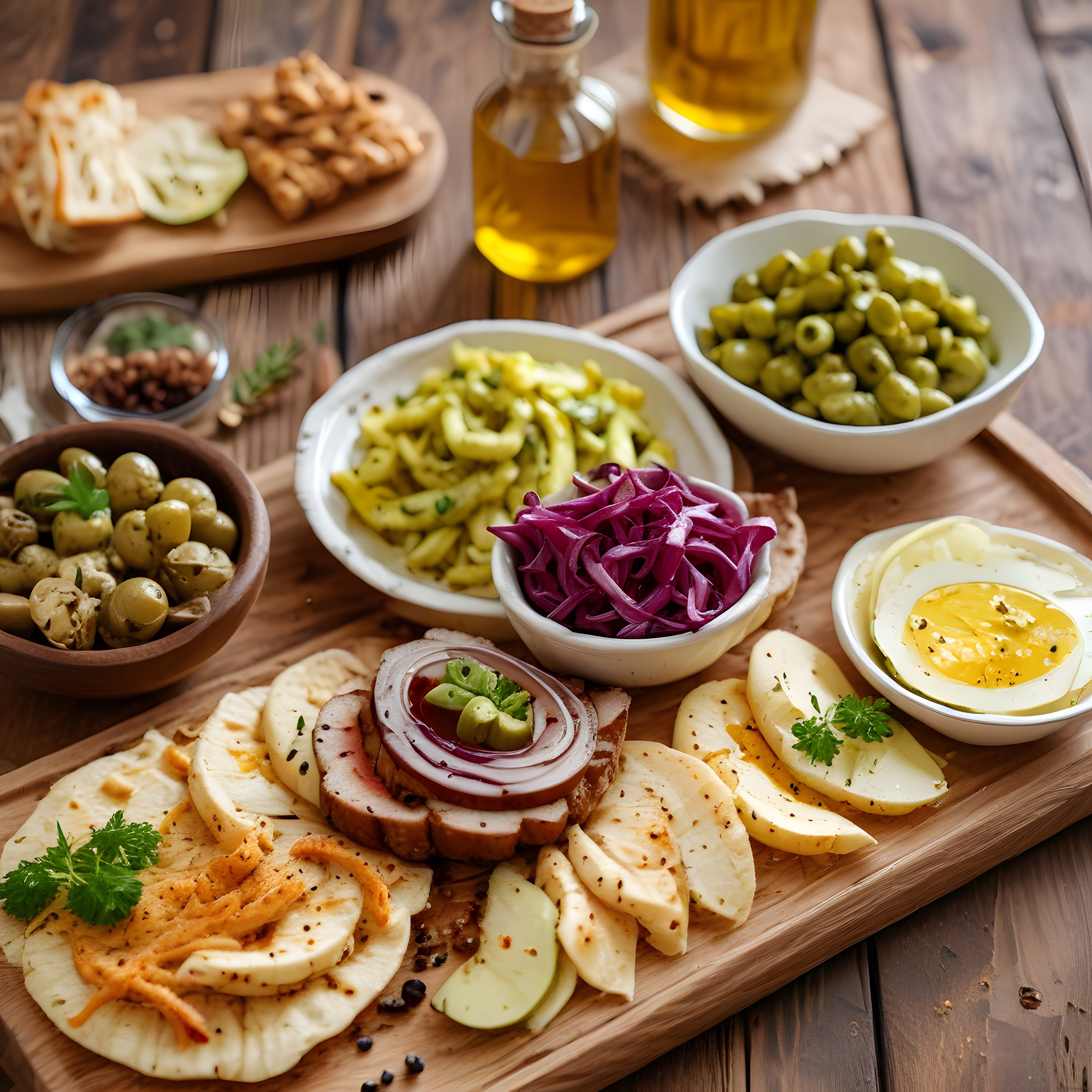 Peynir çeşitleri, zeytin ve haşlanmış yumurtalı rustik kahvaltı tabağı sunumu