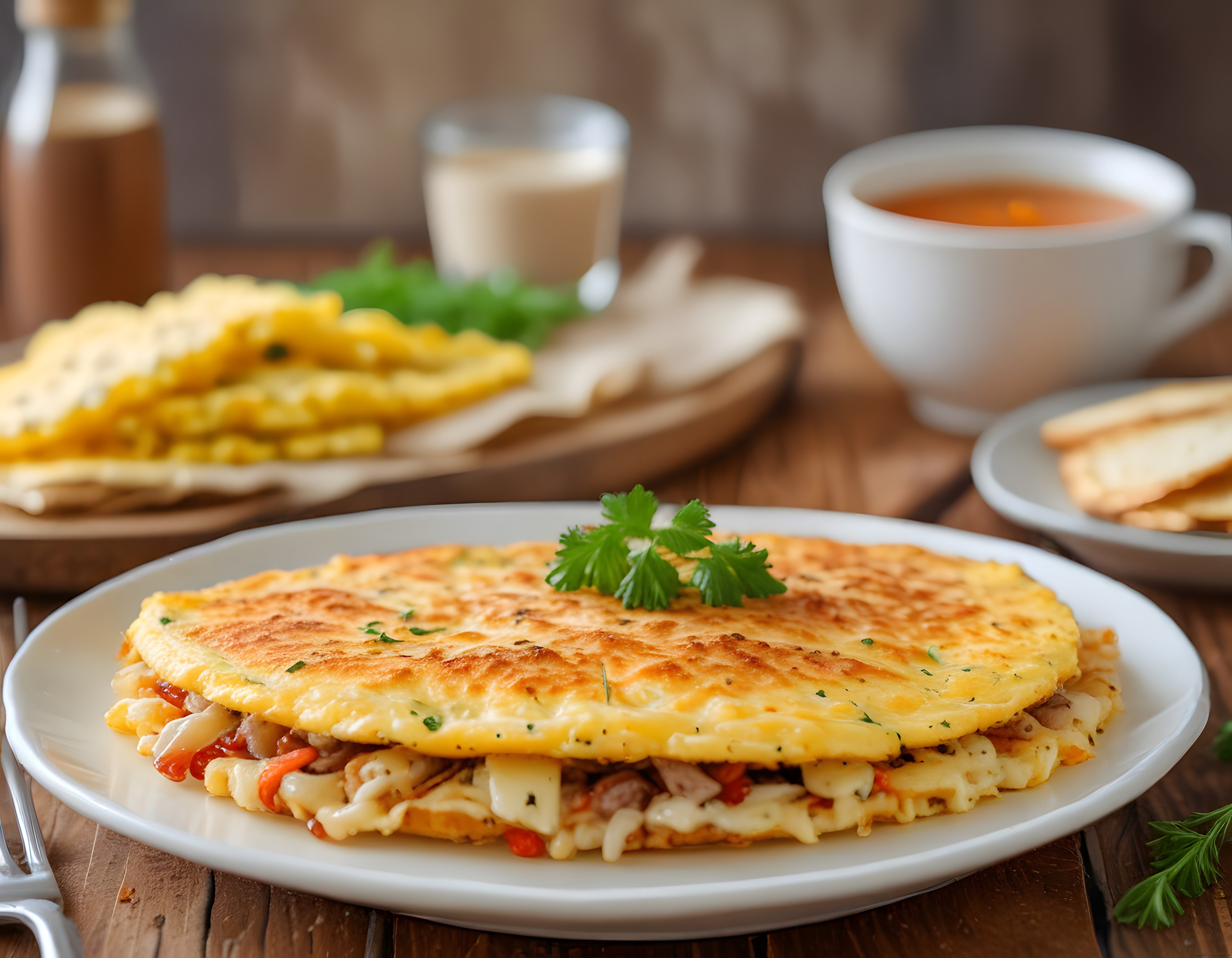 Peynir dolgulu omlet ve sıcak çay ile rüya gibi kahvaltı sunumu