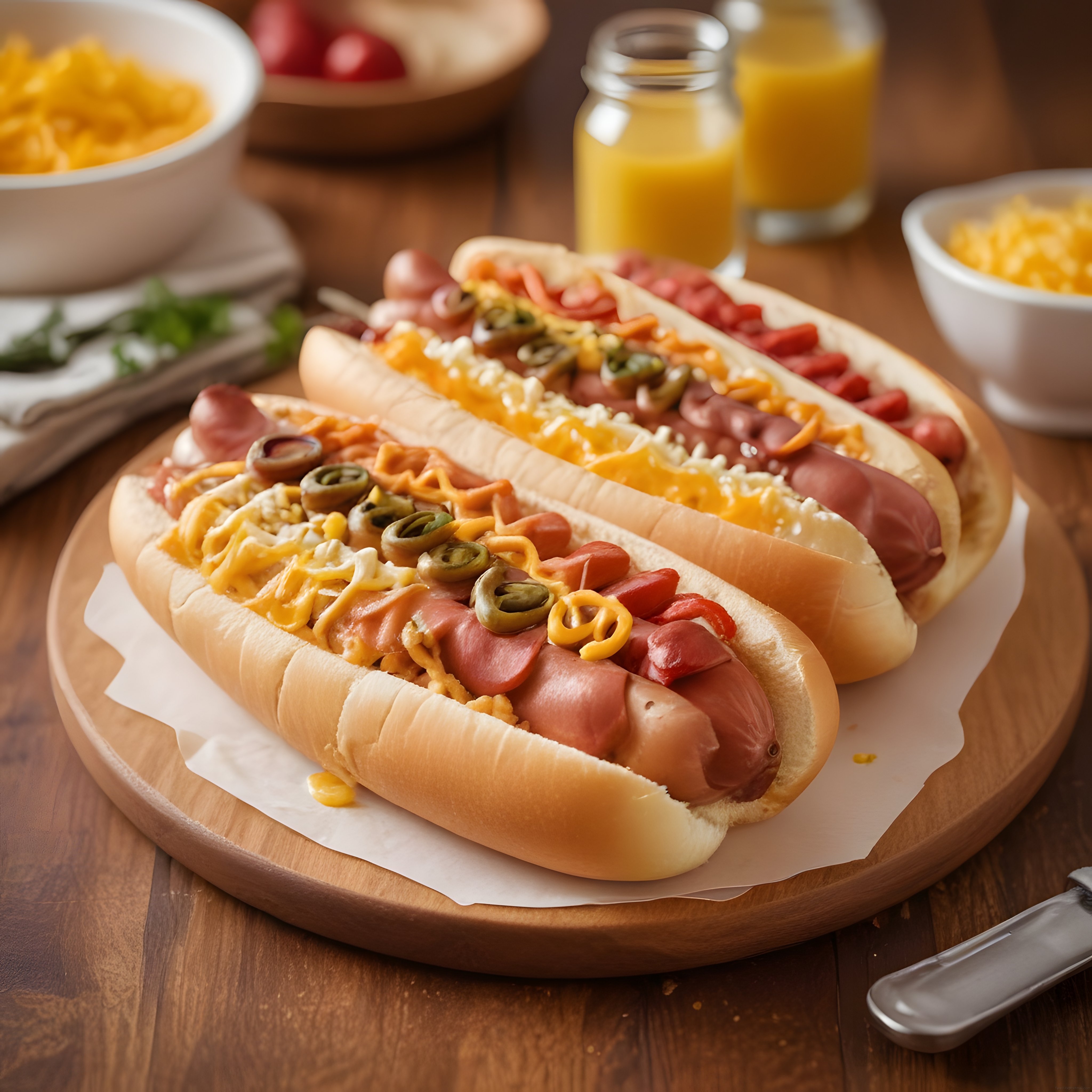 Peynir ve Zeytin Süslemeli Sosisli Hot Dog Kahvaltı Sofrasında