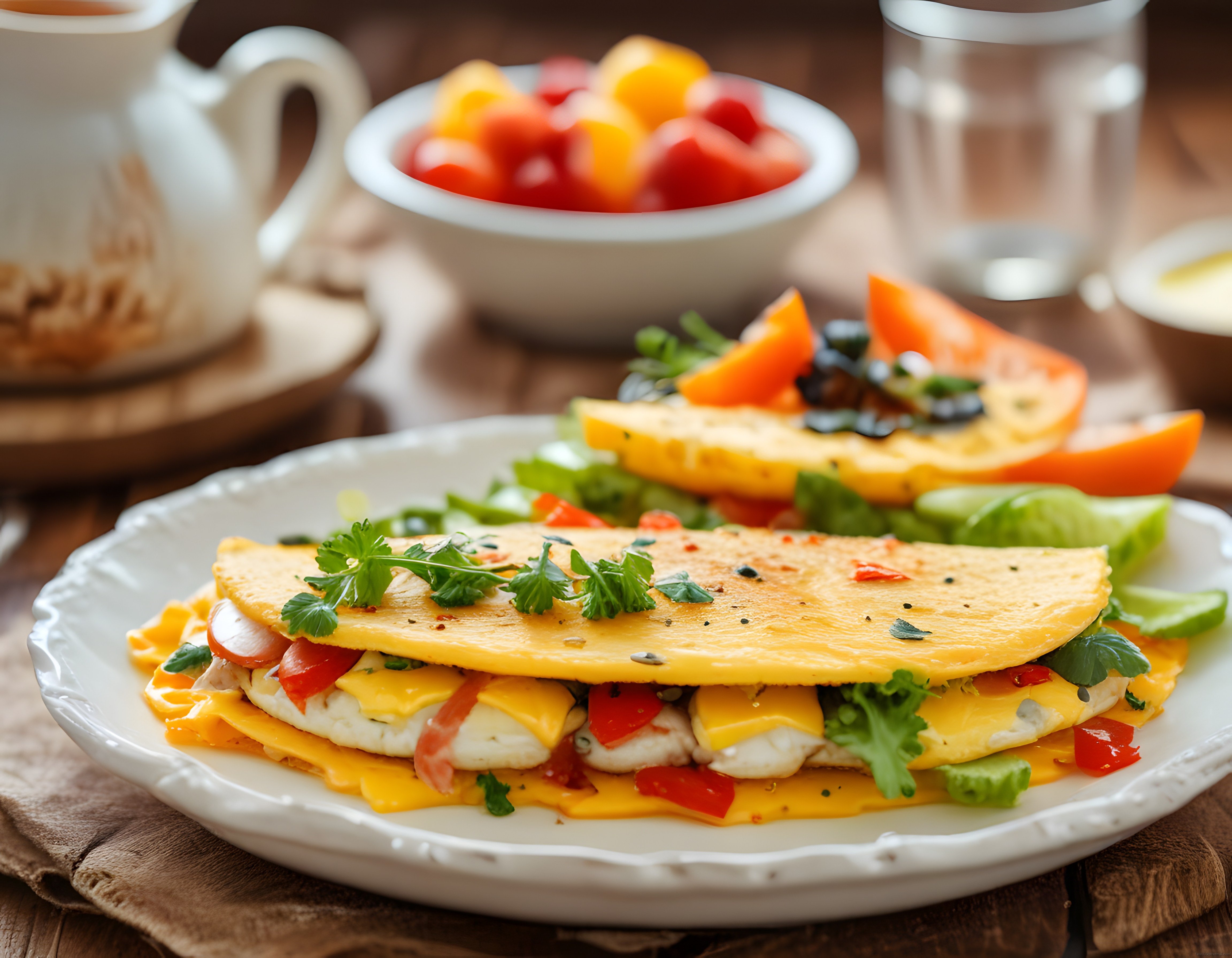 Peynirli Domatesli Omlet ve Taze Meyve ile Egzotik Kahvaltı Sofrası