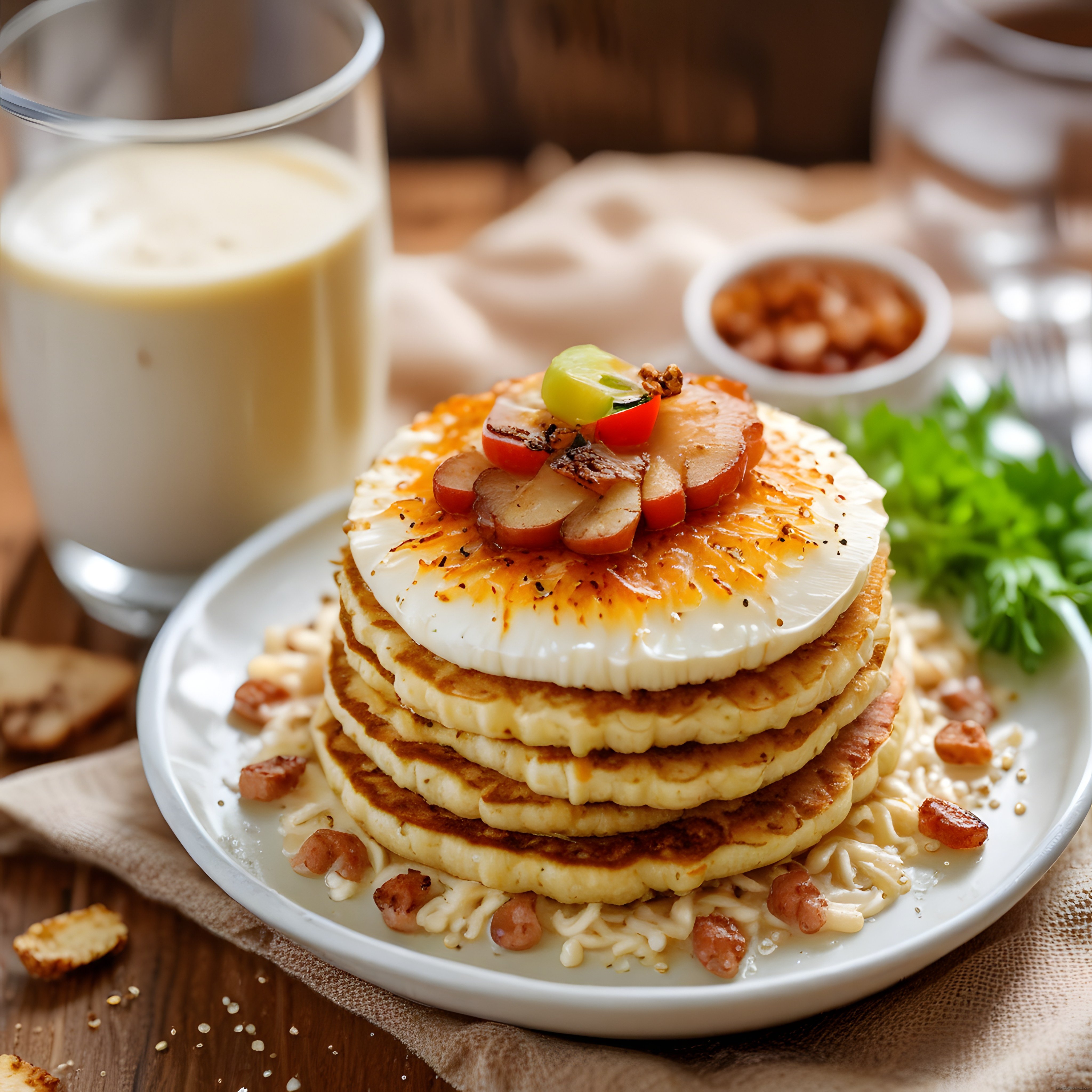 Peynirli Pankek Üzerinde Bal ve Meyve ile Sıcacık Kahvaltı