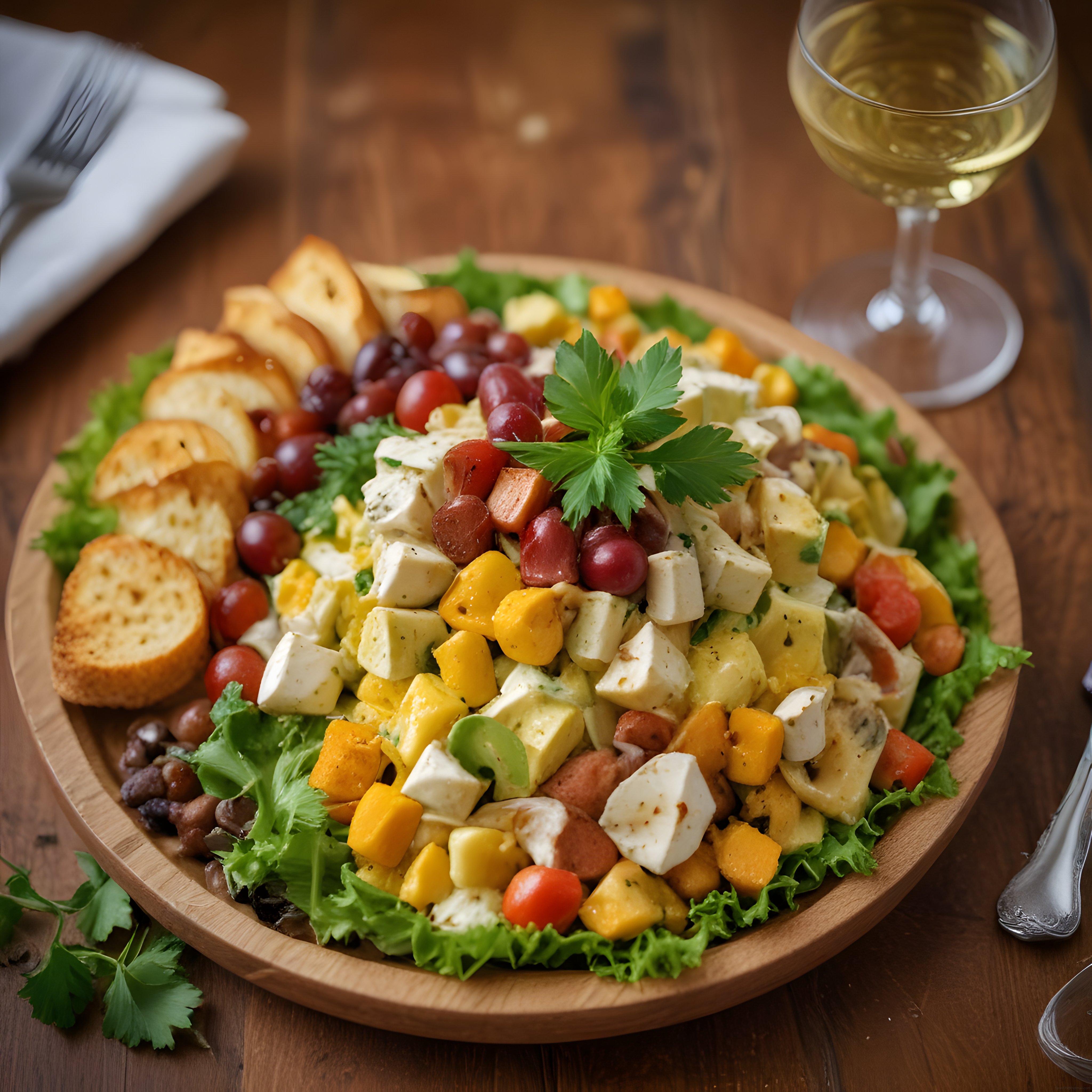 Peynirli, üzümlü ve sebzeli renkli salata tabağı