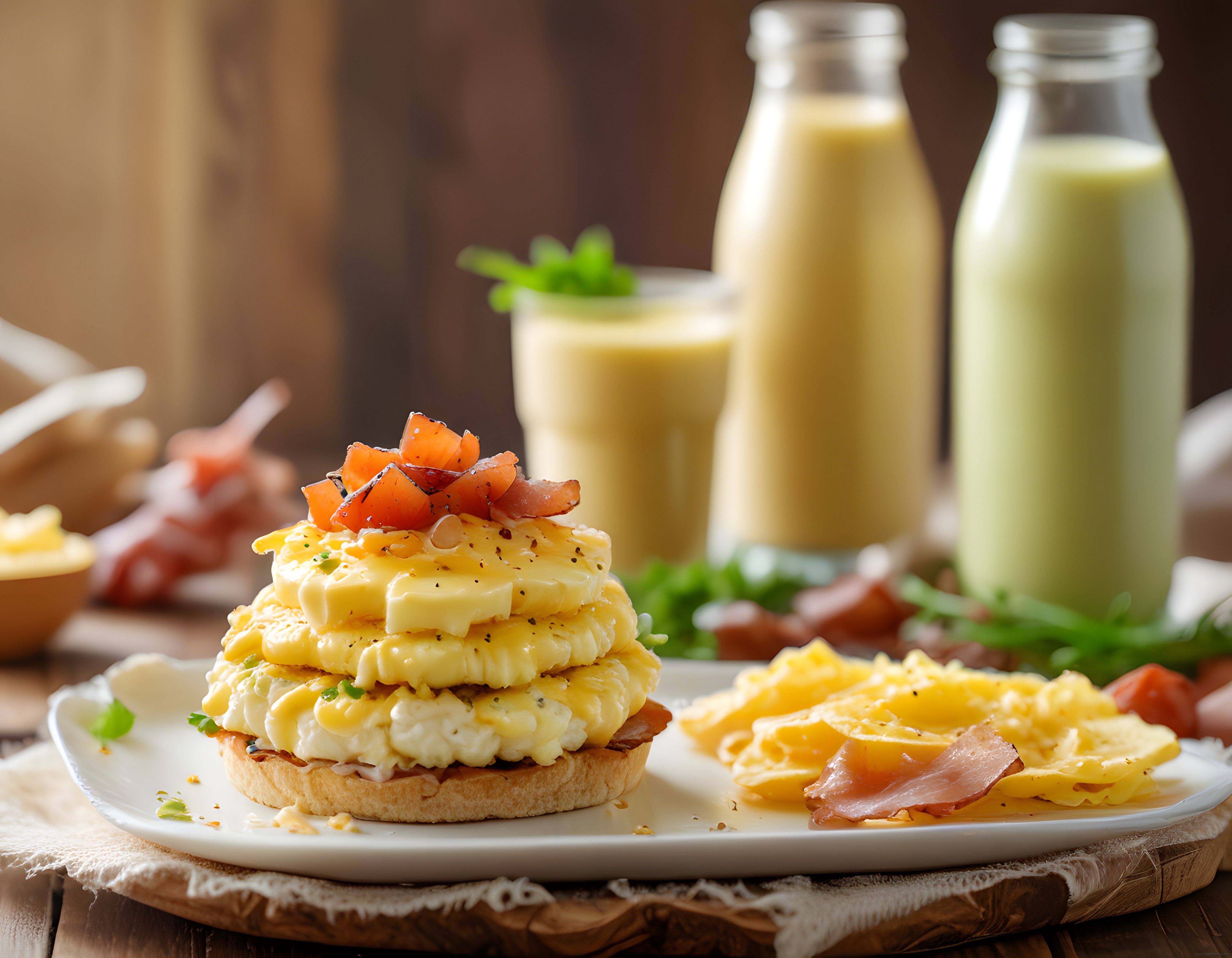 Peynirli ve yumurtalı ekmek üstü kahvaltı tabağı arka planda süt şişeleri ile