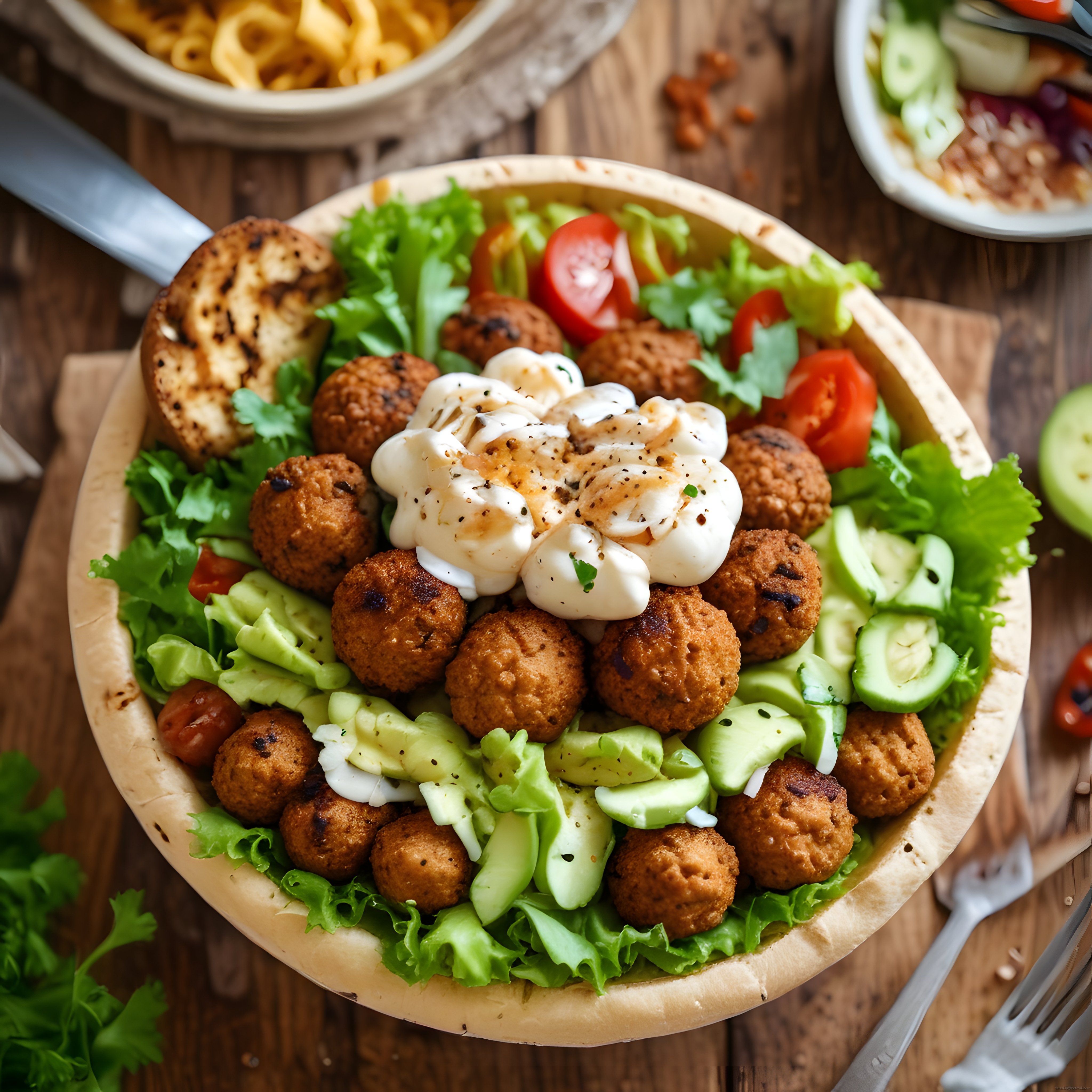 Pide ekmeği içinde falafel, marul, domates ve yoğurtlu sos