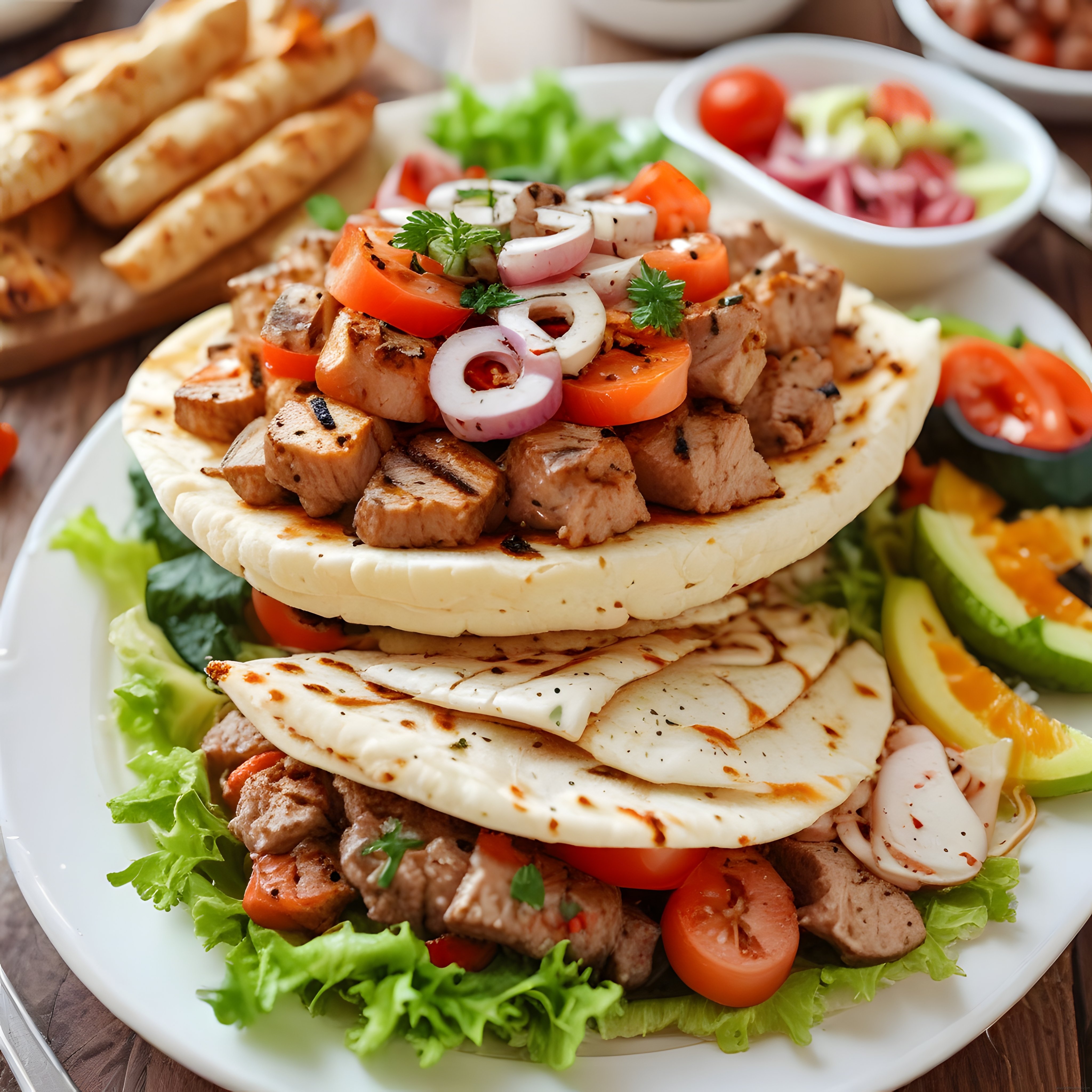 Pide ekmeği üzerinde ızgara et, soğan, domates ve taze marul servisi