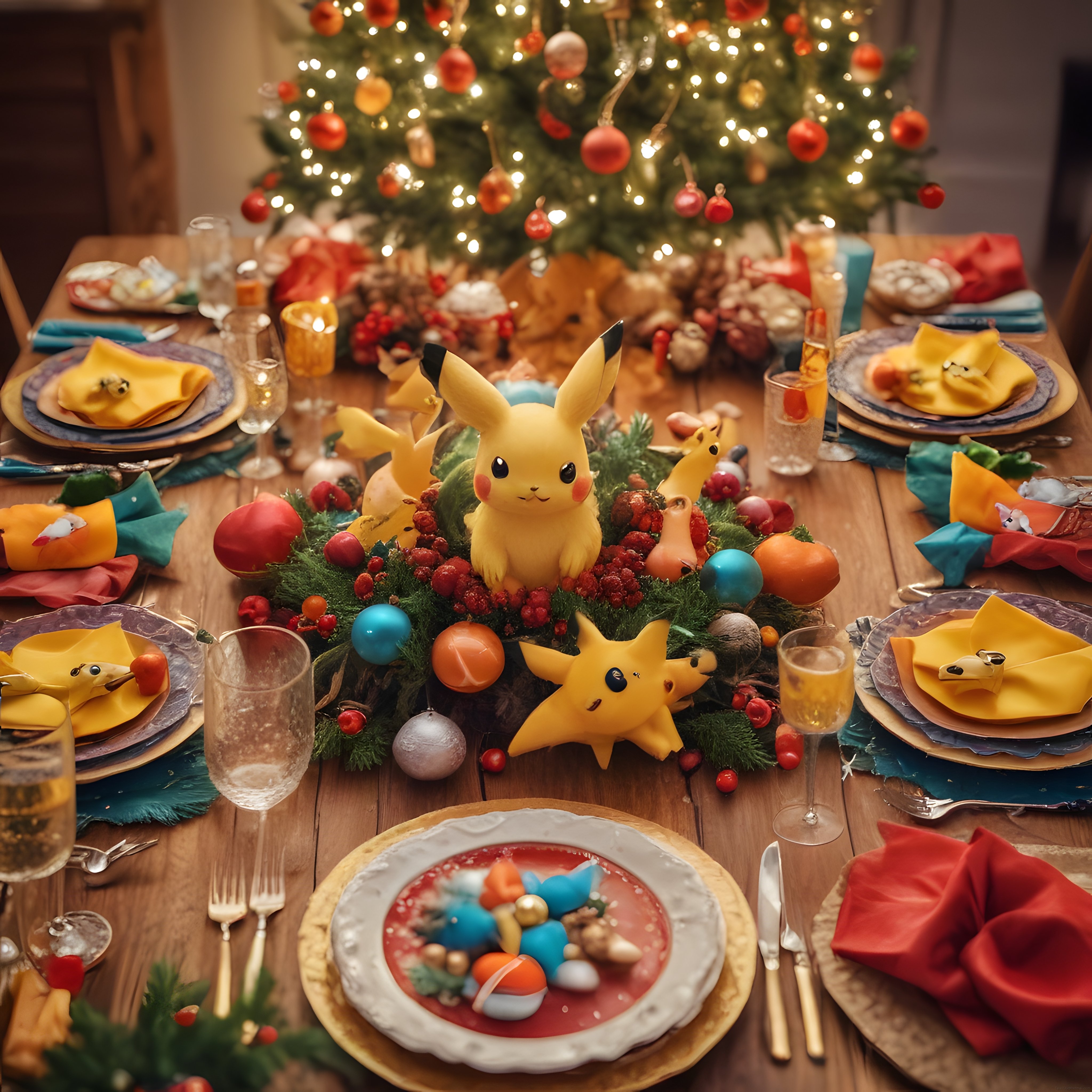 Pikachu figürleriyle süslenmiş sıcacık yılbaşı sofrası ve ışıltılı çam ağacı
