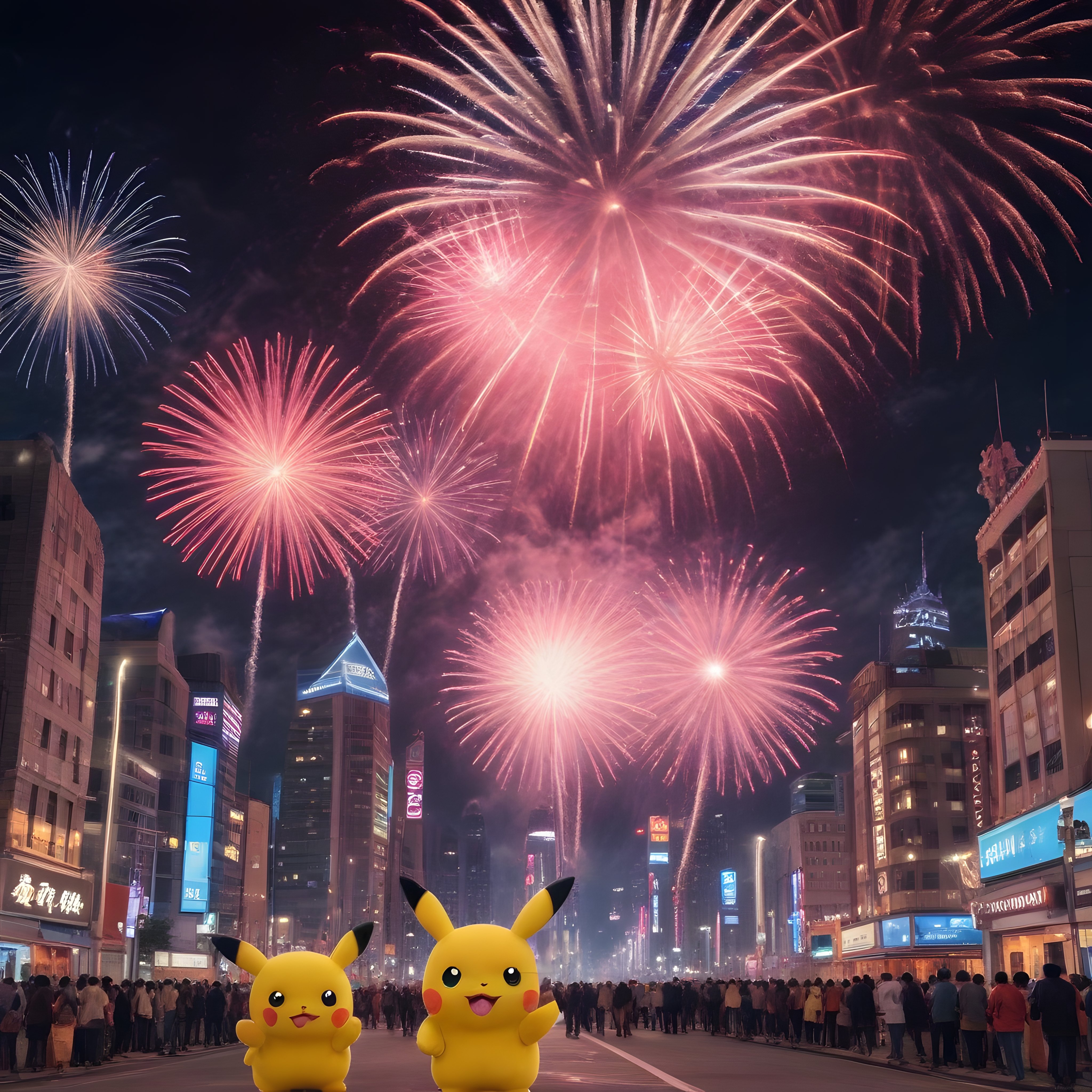 Pikachu'lu Şehirde Büyüleyici Havai Fişek Gösterisi ve Gece Manzarası