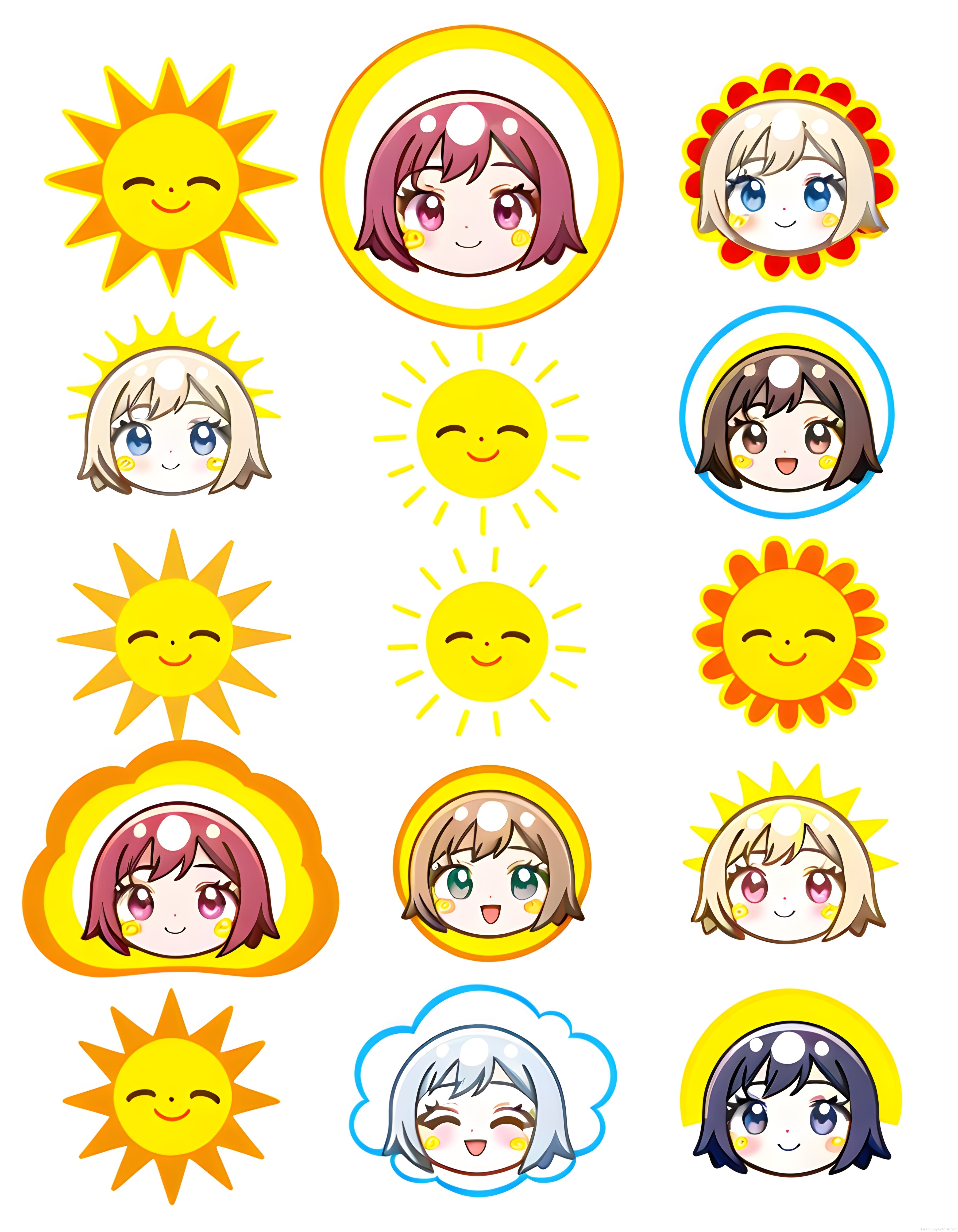 Pırıl Pırıl Kawaii Güneş ve Anime Kız Yüzleri: Sevimli Sticker Koleksiyonu
