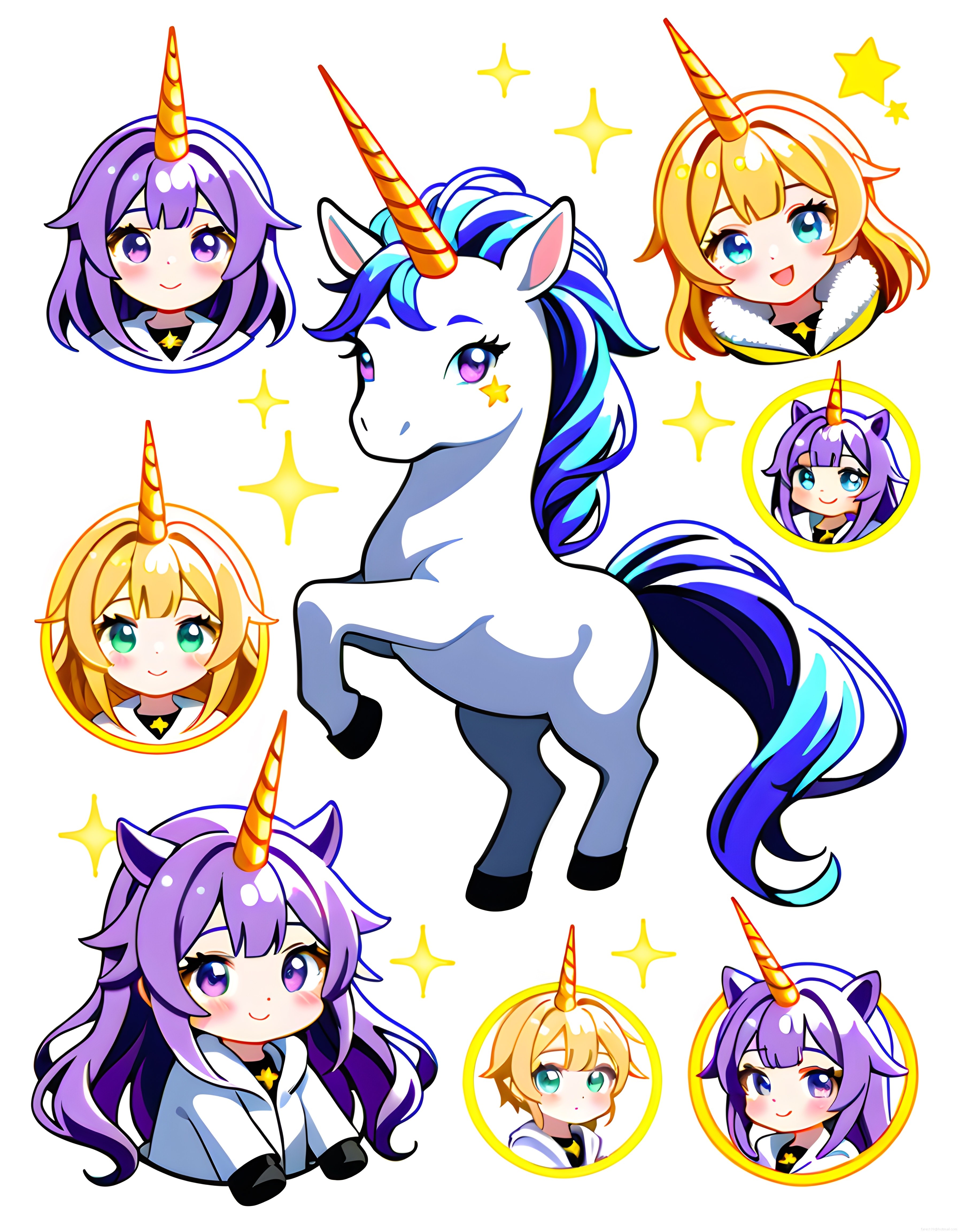 Pırıltılı Unicorn ve Anime Chibi Karakterler: Renkli Dijital Sanat Koleksiyonu