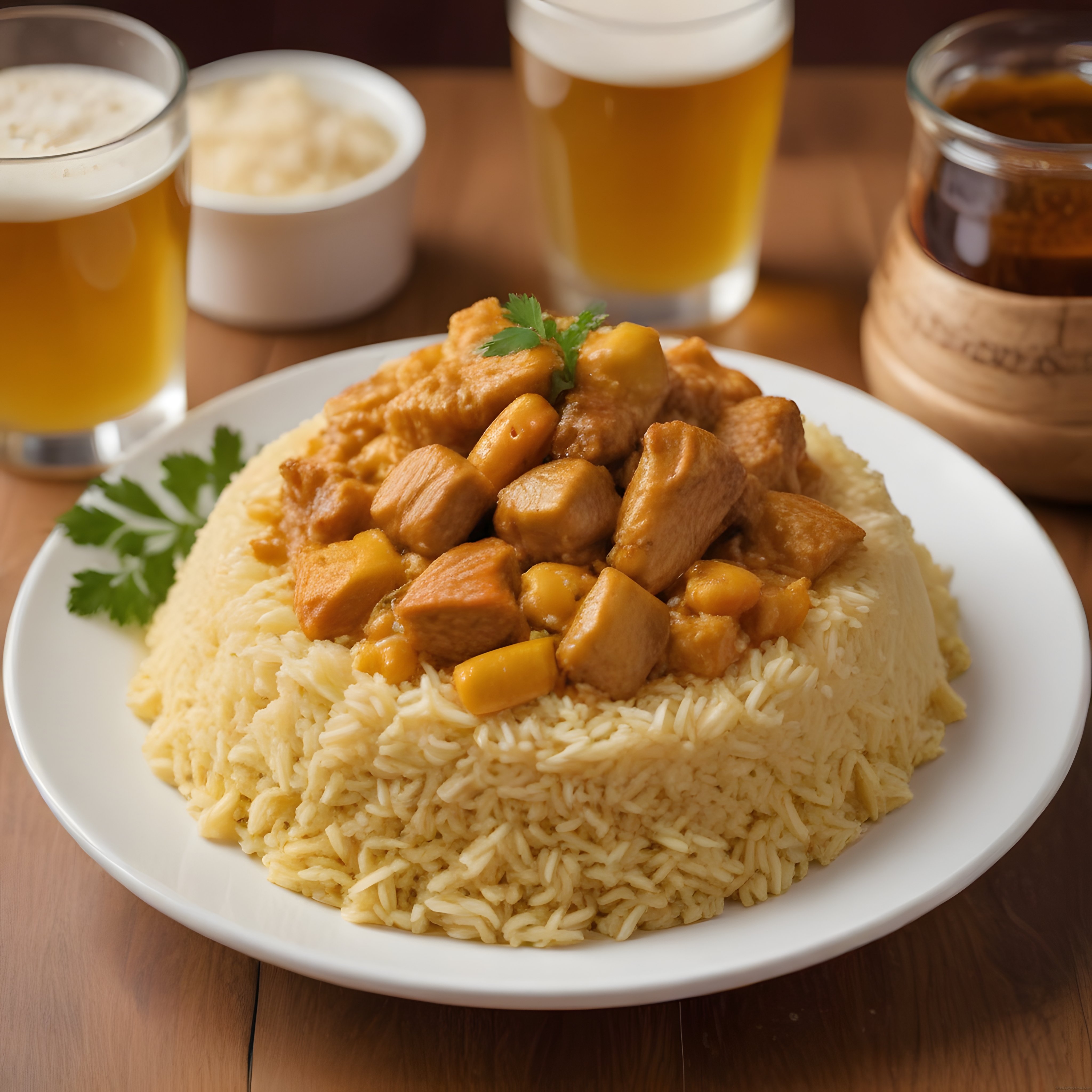 Pirinç pilavının üzerinde soslu tavuk parçaları, yanında bira bardakları