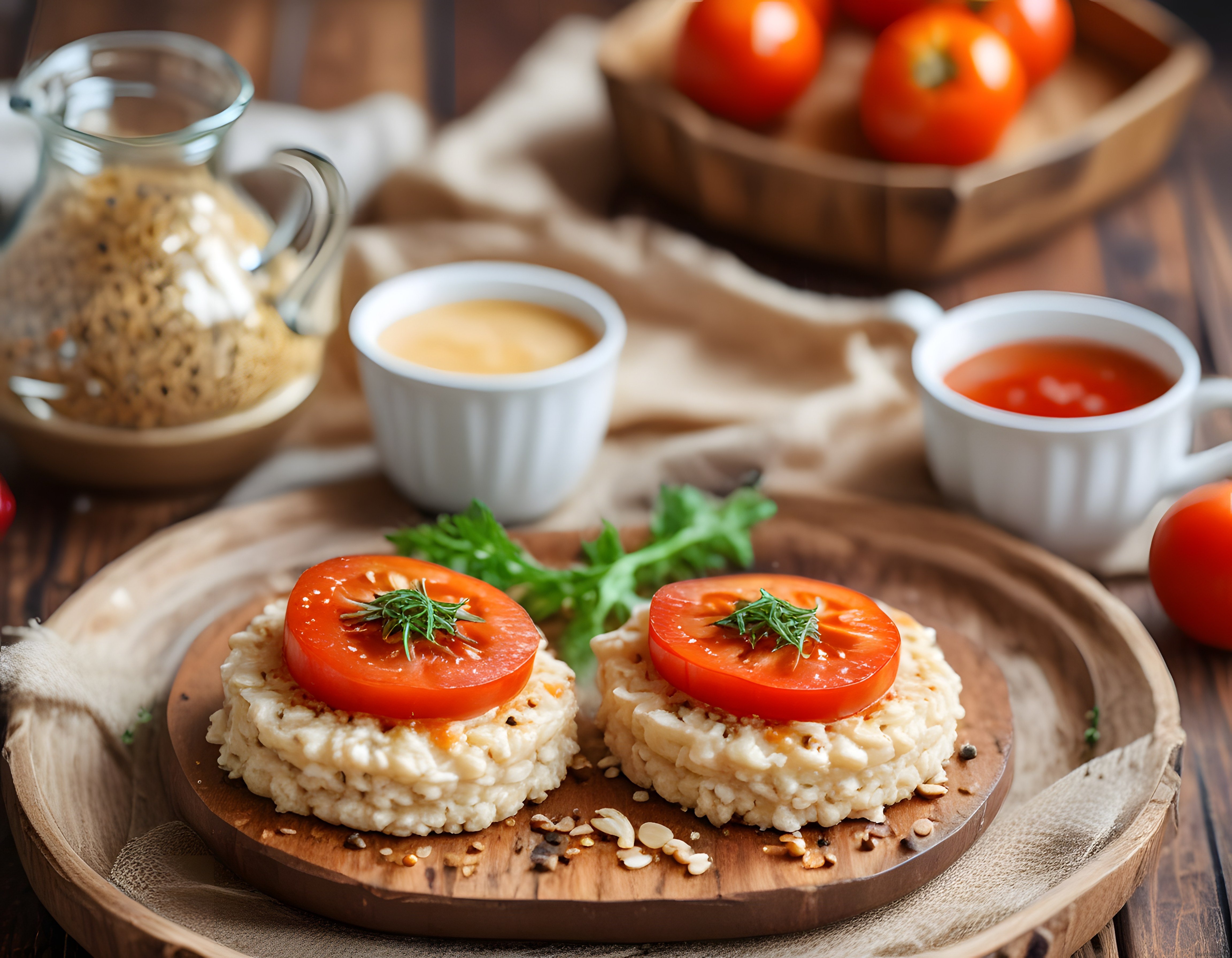 Pirinç ve bulgur tabanlı domatesli kahvaltılık köfte sunumu ev yapımı soslarla
