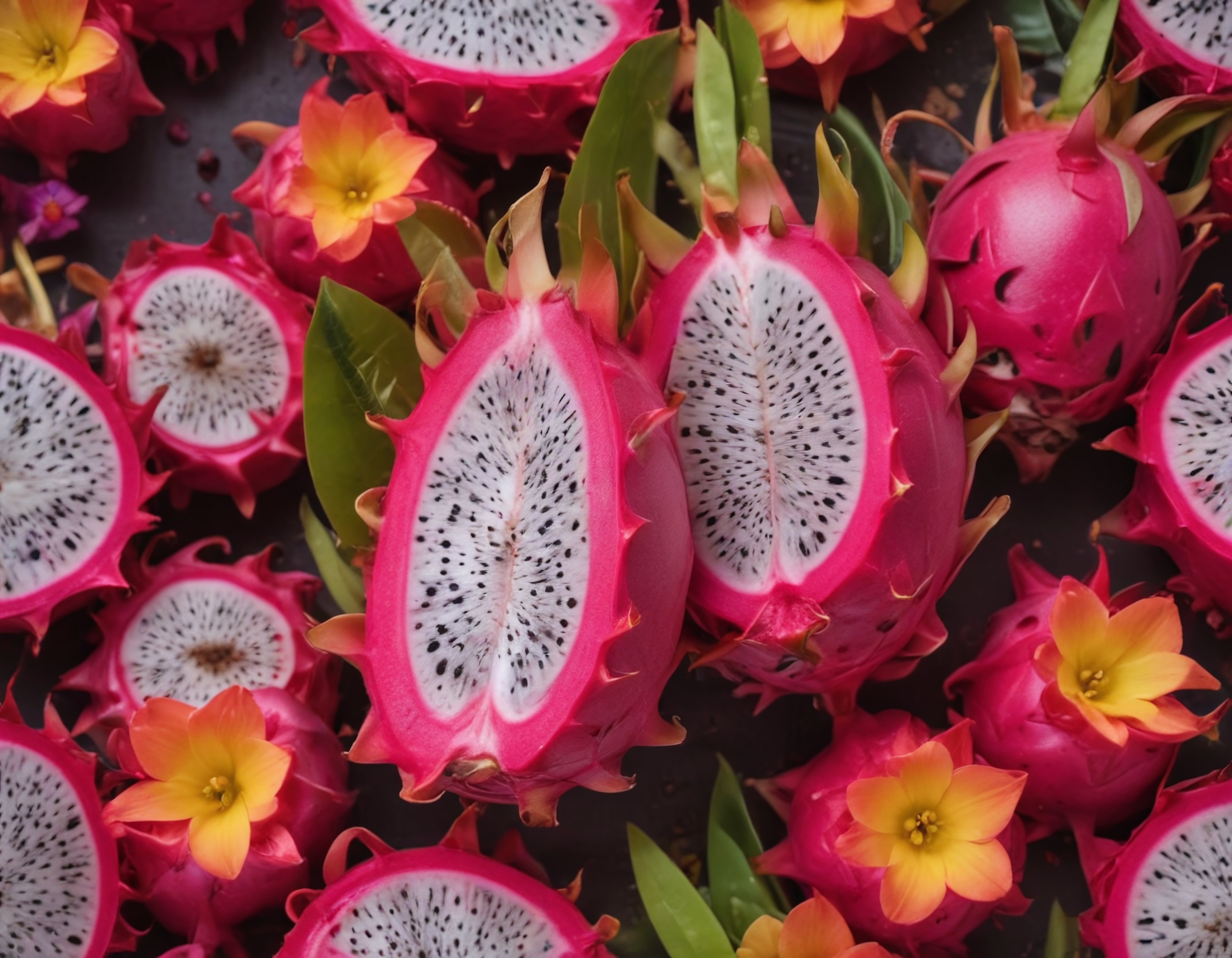 Pitaya Çiçekleriyle Süslenmiş Egzotik Ejder Meyvesi Kesitleri
