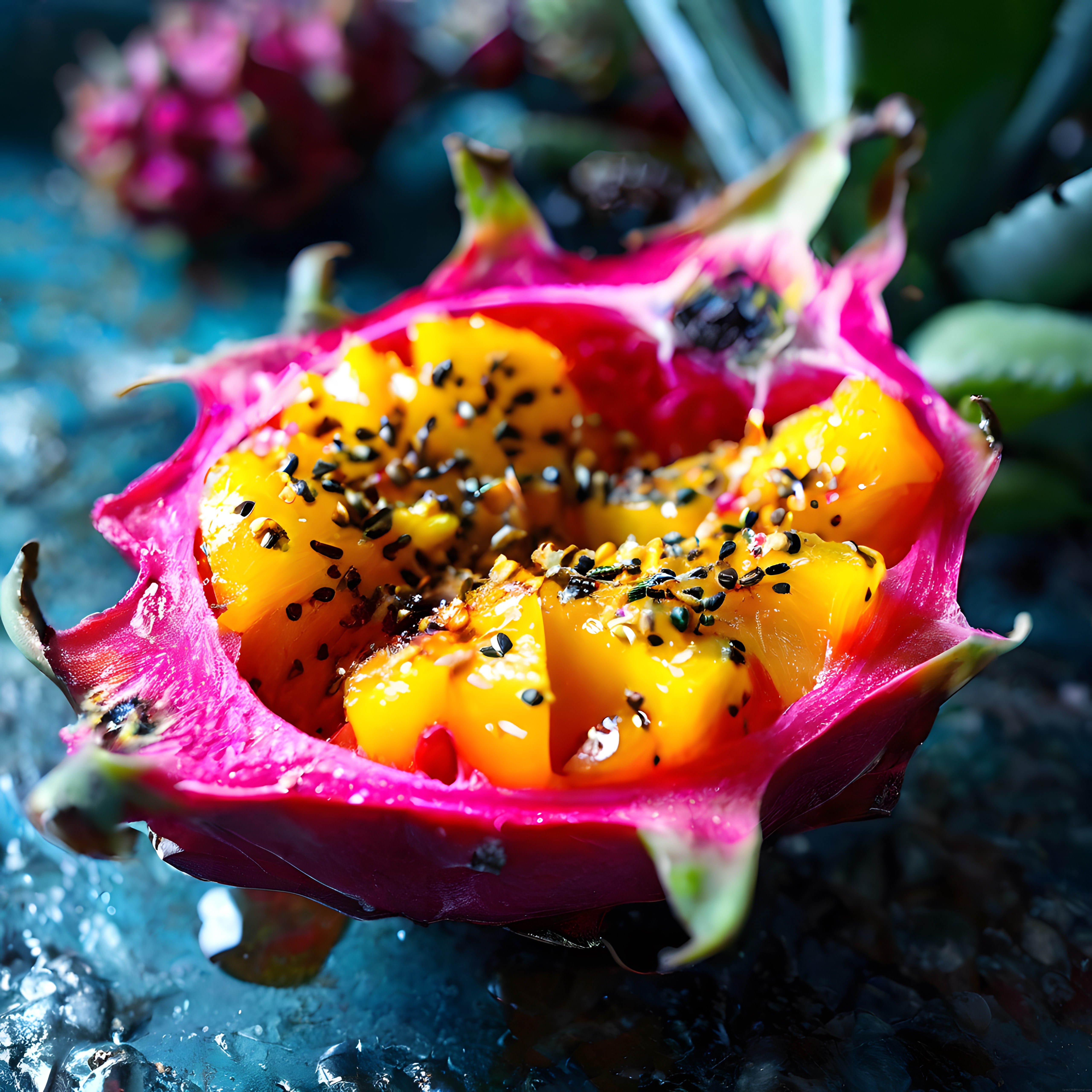 Pitaya kasesinde közde sunulan susamlı egzotik meyve karışımı ve sanatsal detay