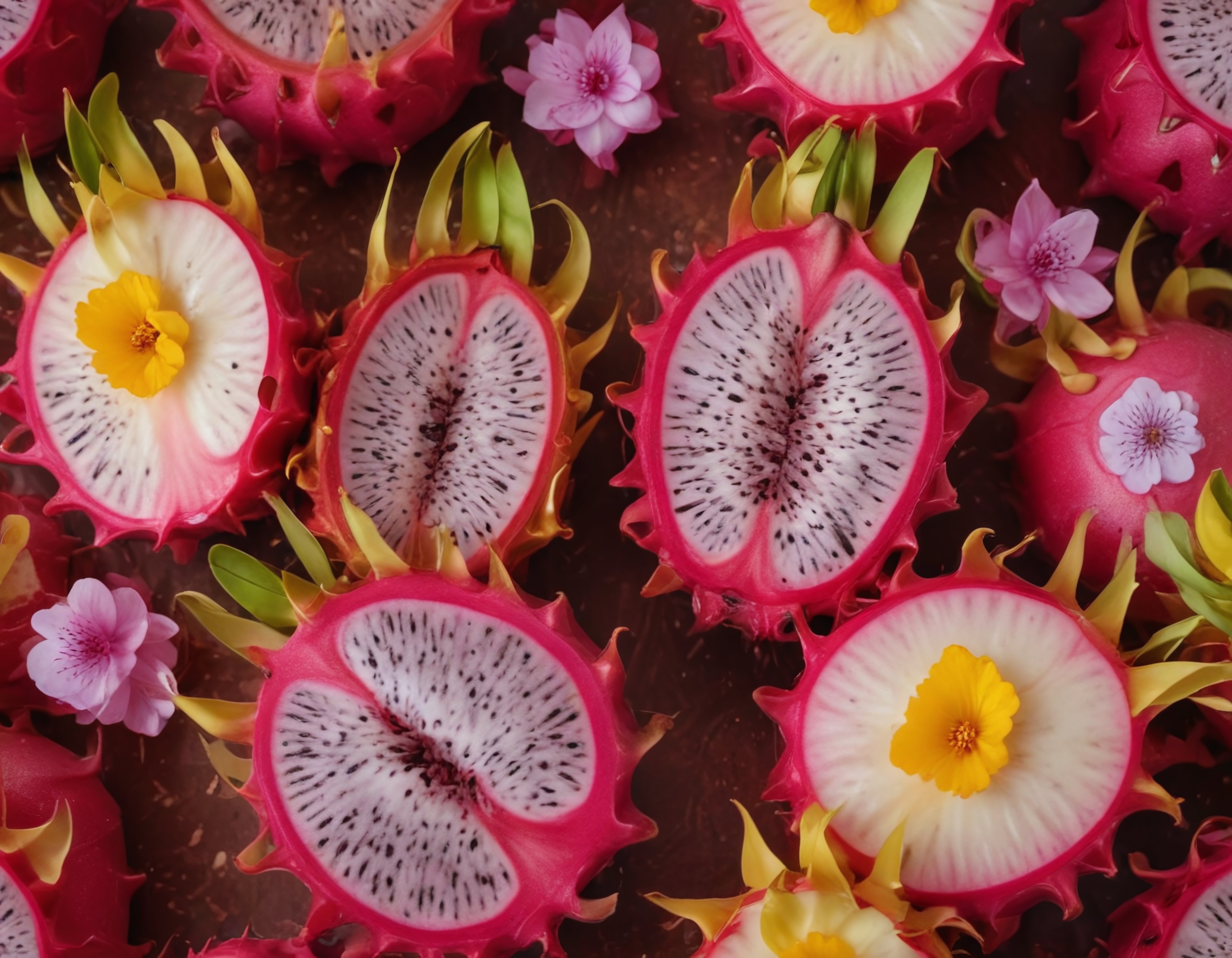 Pitaya Meyvesinin Egzotik Sunumu ve Renkli Çiçeklerle Tropikal Kompozisyon