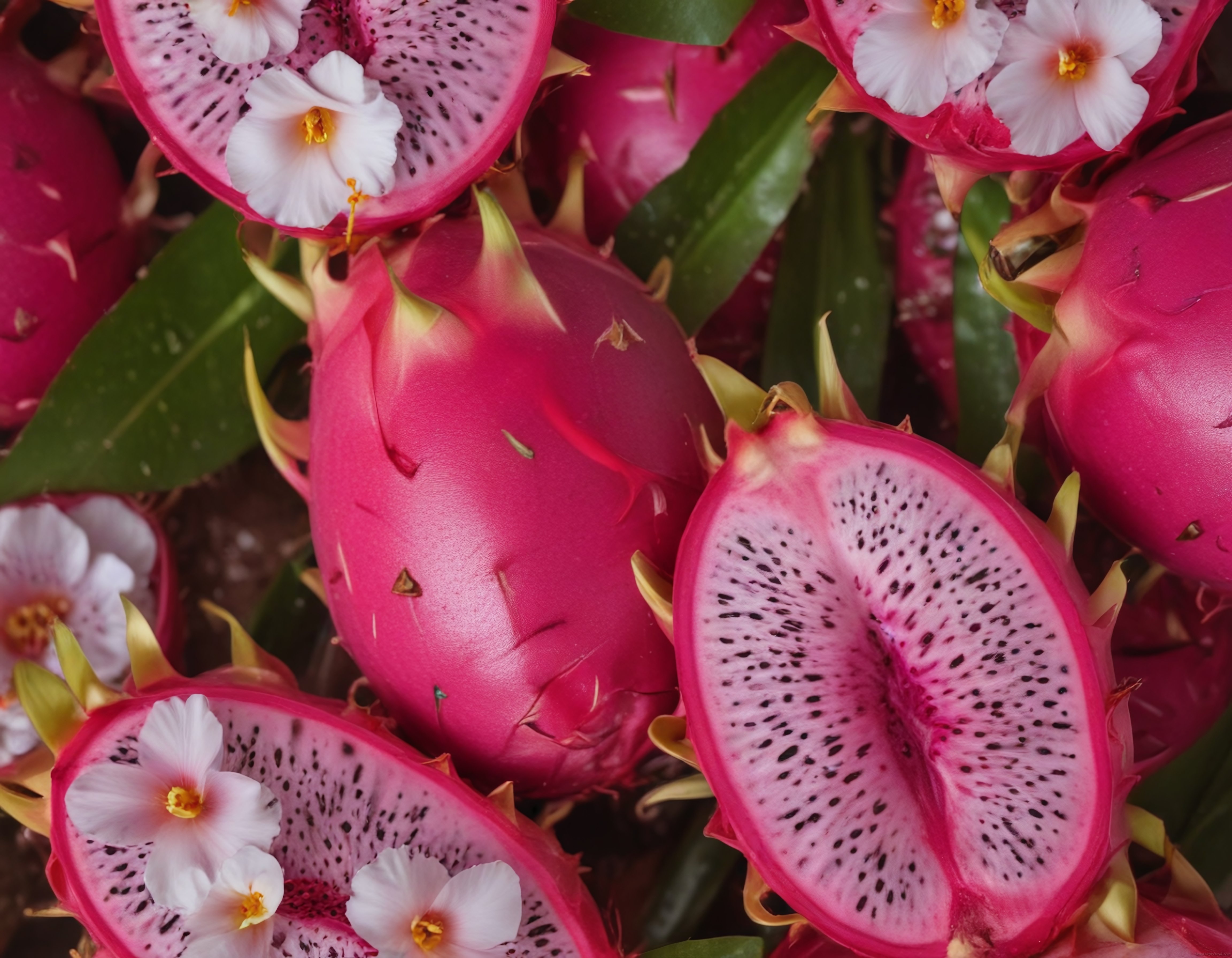 Pitaya meyvesinin pembe tonları ve üzerindeki beyaz çiçeklerle estetik bir sunum
