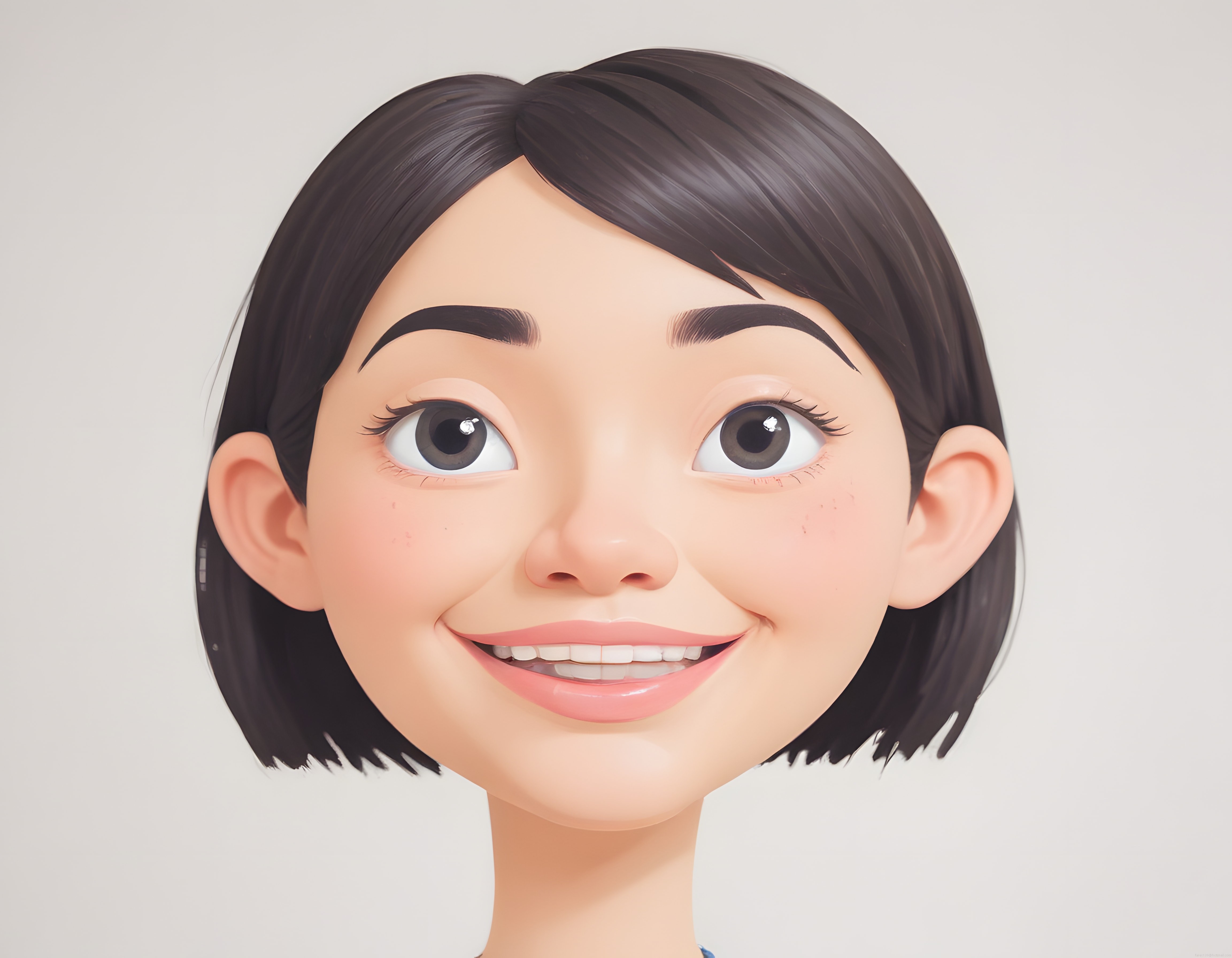 Pixar Tarzı Büyük Gözlü Gülümseyen Kadın Karakteri Dijital Portresi