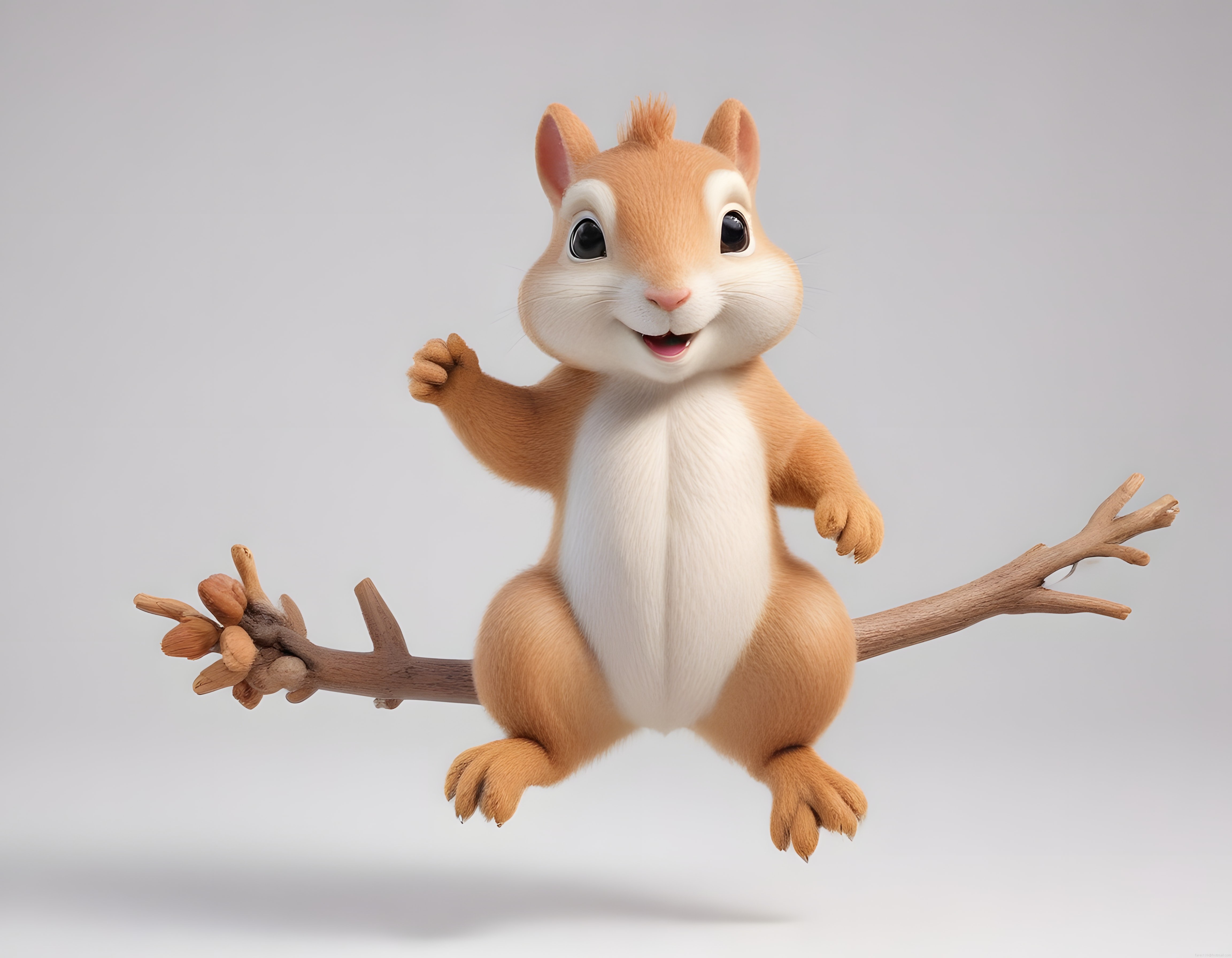 Pixar Tarzı Sevimli 3D Sincap Karakteri Fındıklarla Dalda Otururken