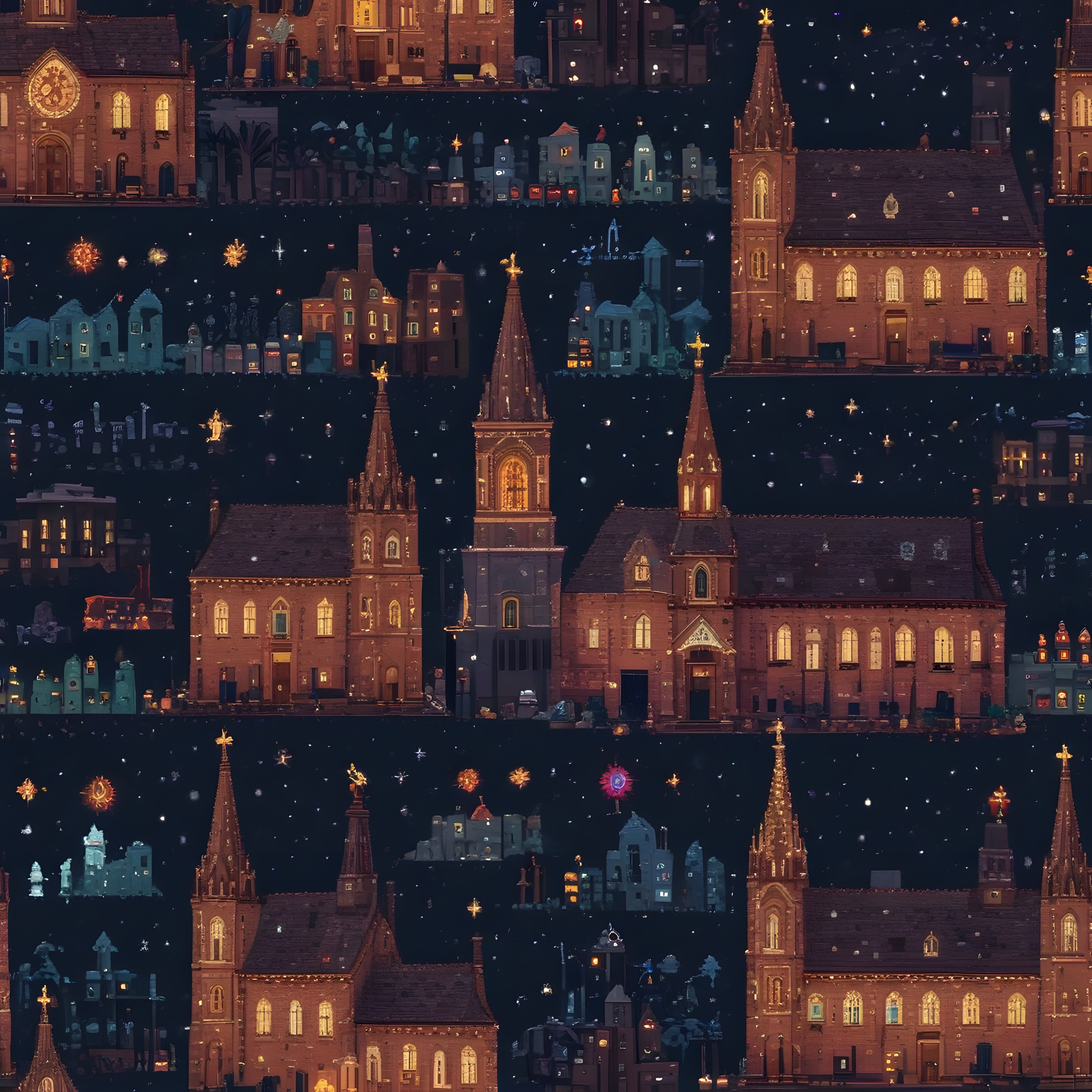 pixel art gece kış kasabası katedraller ve sıcak ışıklı evler büyülü manzara