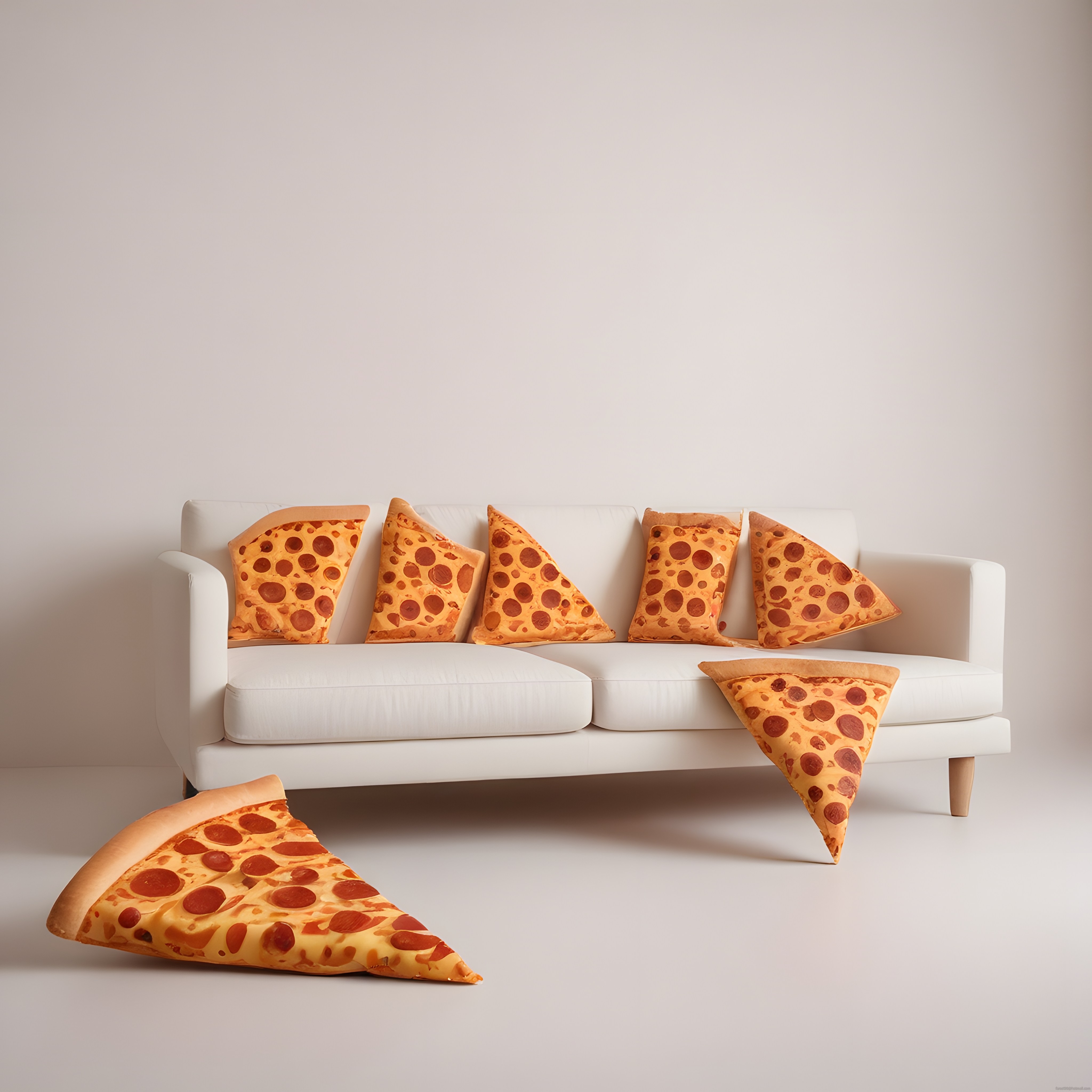 Pizza Dilimi Desenli Yastıklarla Süslenmiş Beyaz Kanepe ve Modern Dekorasyon