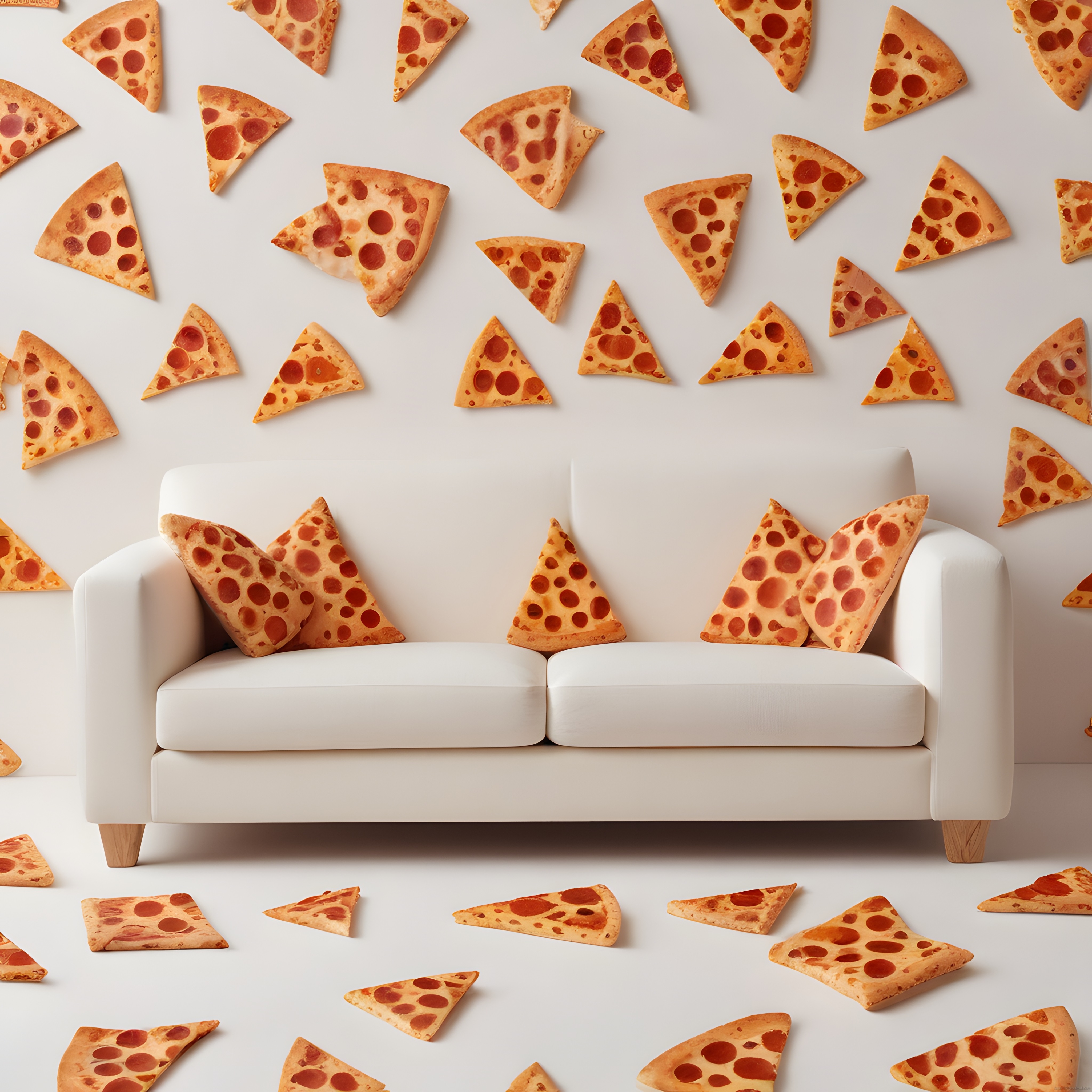 Pizza Dilimlerinden Yastıklar ve Duvar Kağıdıyla Süslenmiş Absürt Beyaz Oda