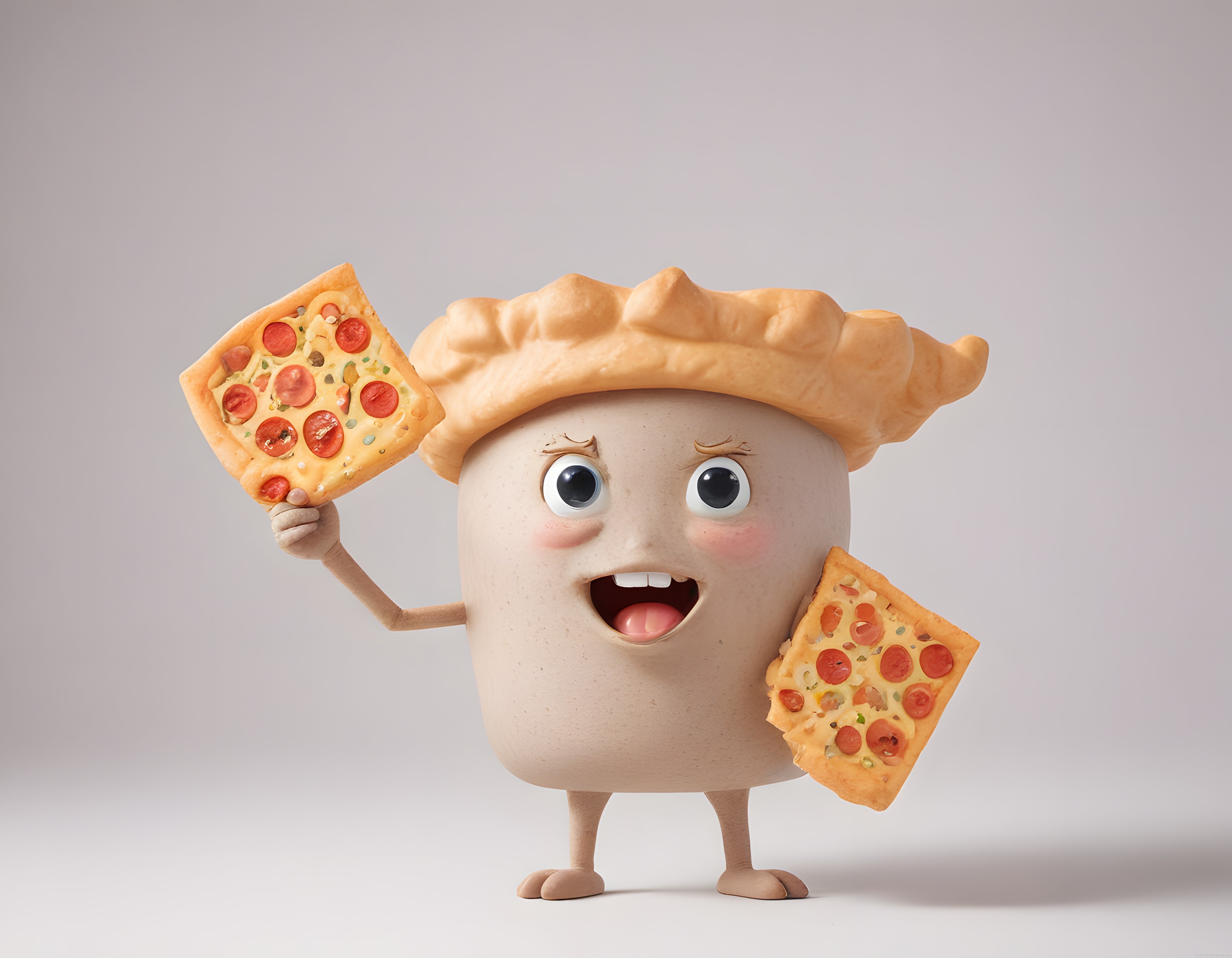 Pizza Şapkalı Sevimli 3D Animasyon Karakteri ve Isırık Dilimleriyle Komik Sahne