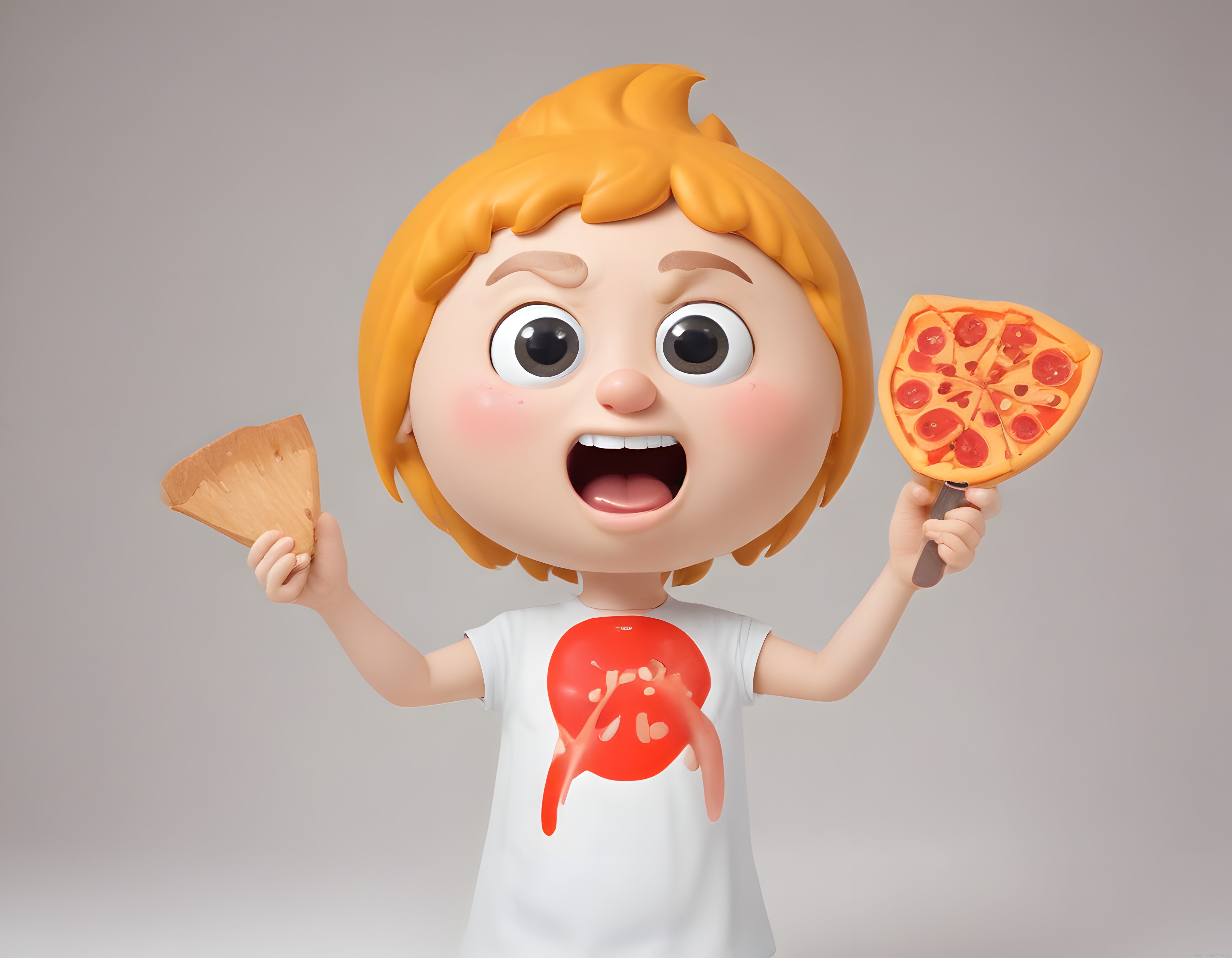 Pizza Tutan Şaşkın Çocuk: 3D Animasyon Karakteri ile Neşeli Yemek Anı