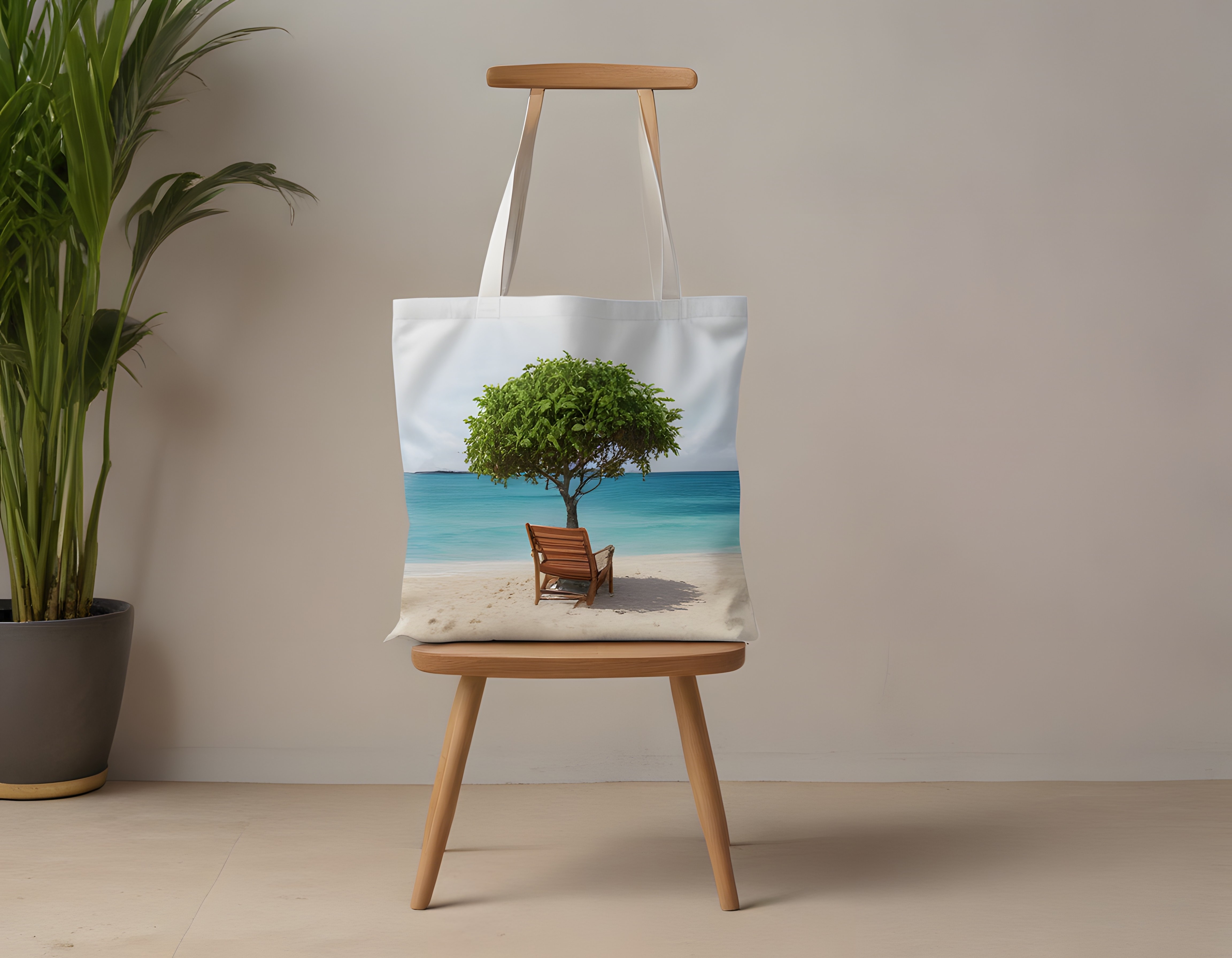 plaj manzaralı bez çanta ağaç ve şezlong deseniyle tatil temalı ev dekorasyonu